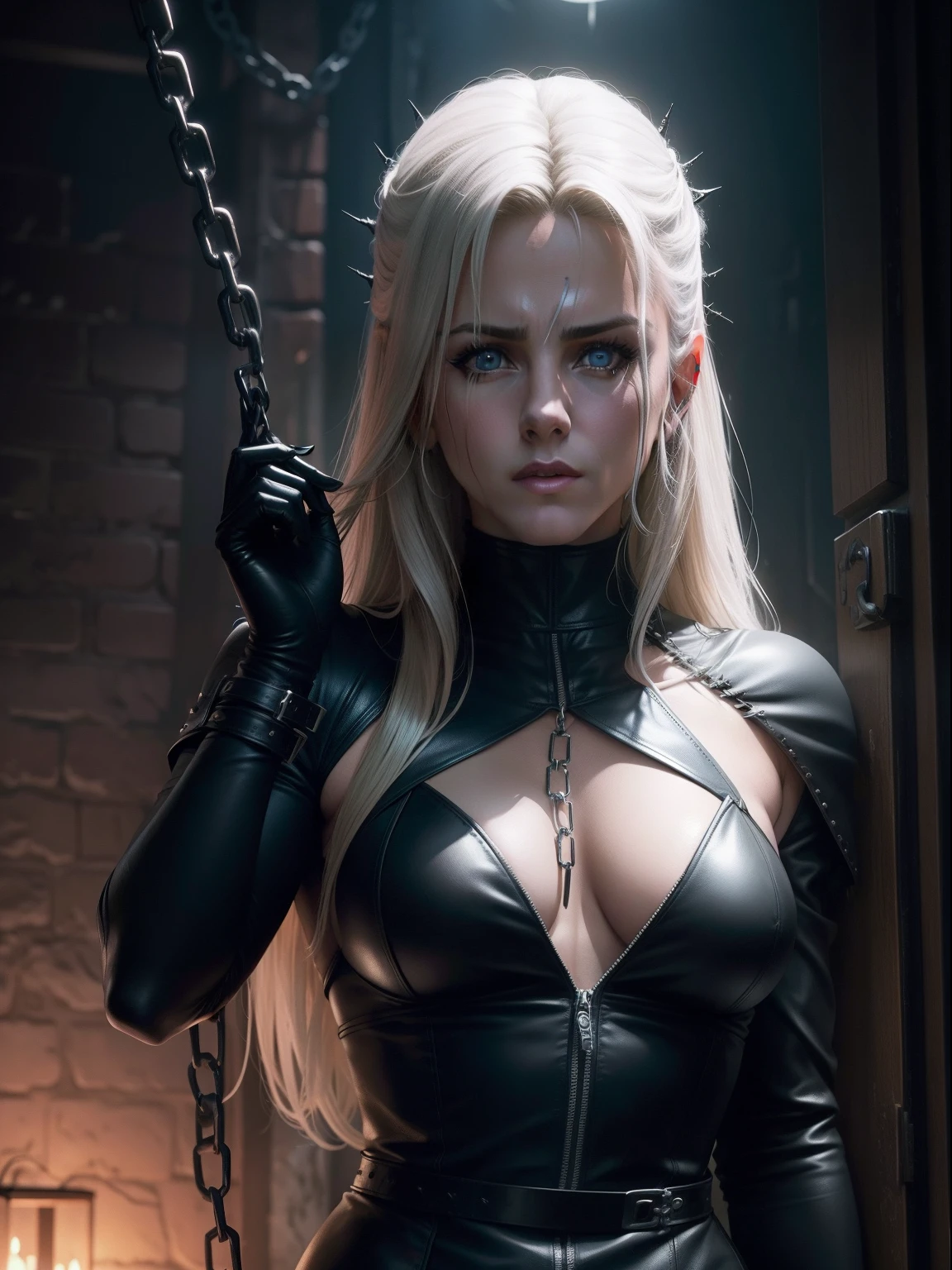 Young Jennifer Aniston as a cenobite from movie Hellrsiser, black leather wear, bdsm-style, horror movie, gothic , thorns, open wounds, chains and hooks, blood on hands,erotic,white skin, quality face