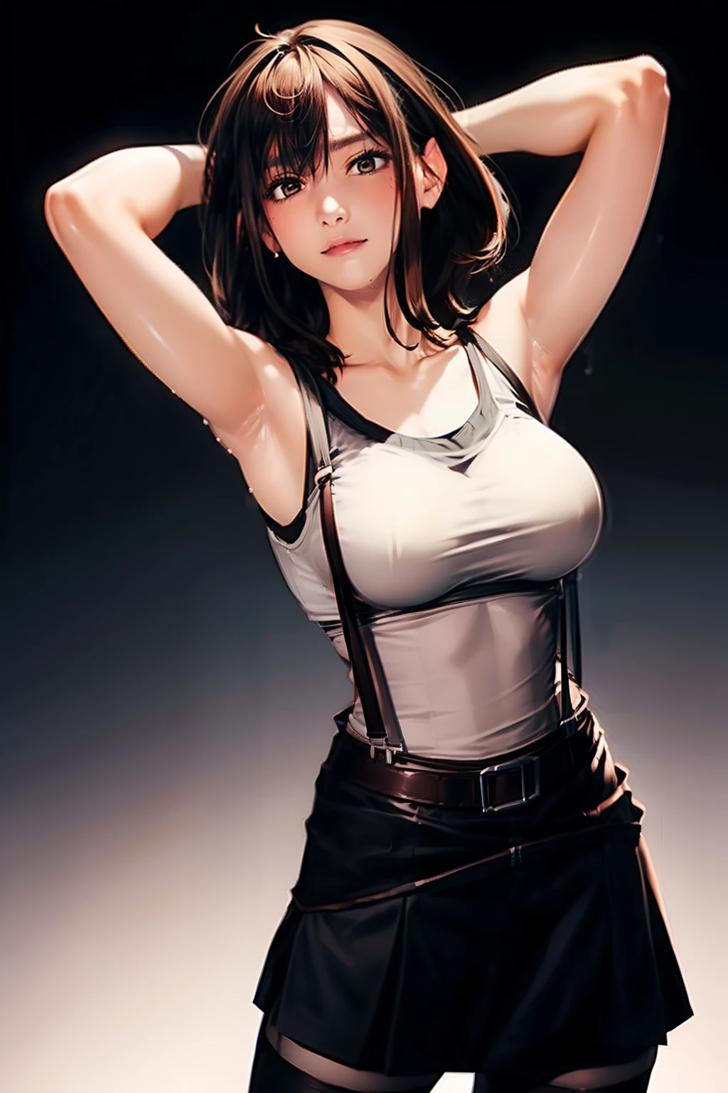 Black skirt, Black Tank Tops　suspenders, Brown hair short, Gray eyes, Garter belt on the legs, Tight clothes, 　　 a belt　Armpit sweat　　deadpan　large full breasts