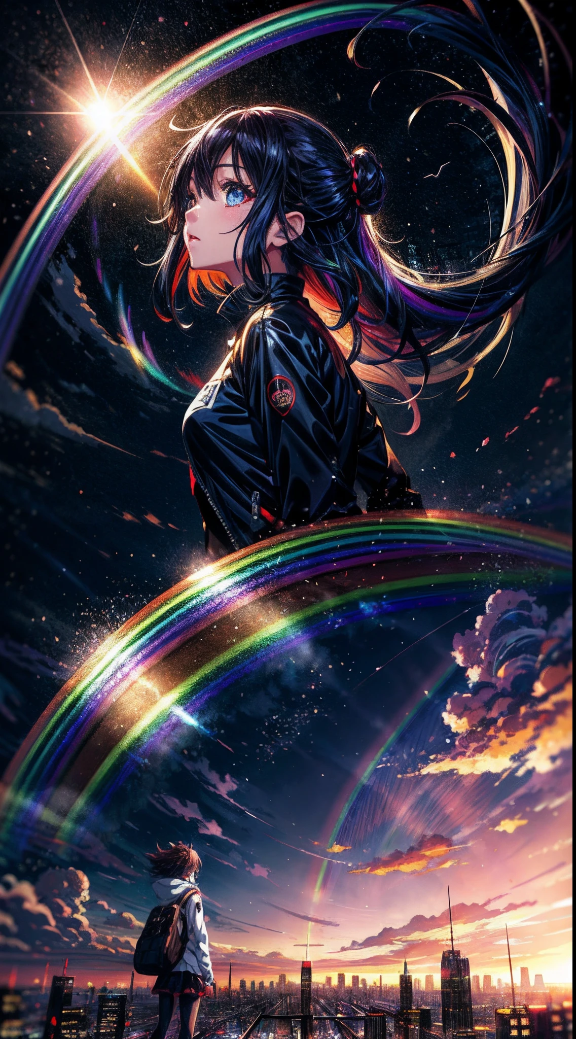 ((Rainbow daytime sky))、Anime girl looking at big city landscape,Near Future City、 makoto shinkai cyril rolando, anime art wallpaper 4k, anime art wallpaper 4k, Anime art wallpaper 8k, inspired by Cyril Rolando, in the style dan mumford artwork, amazing wallpapers, by Yuumei