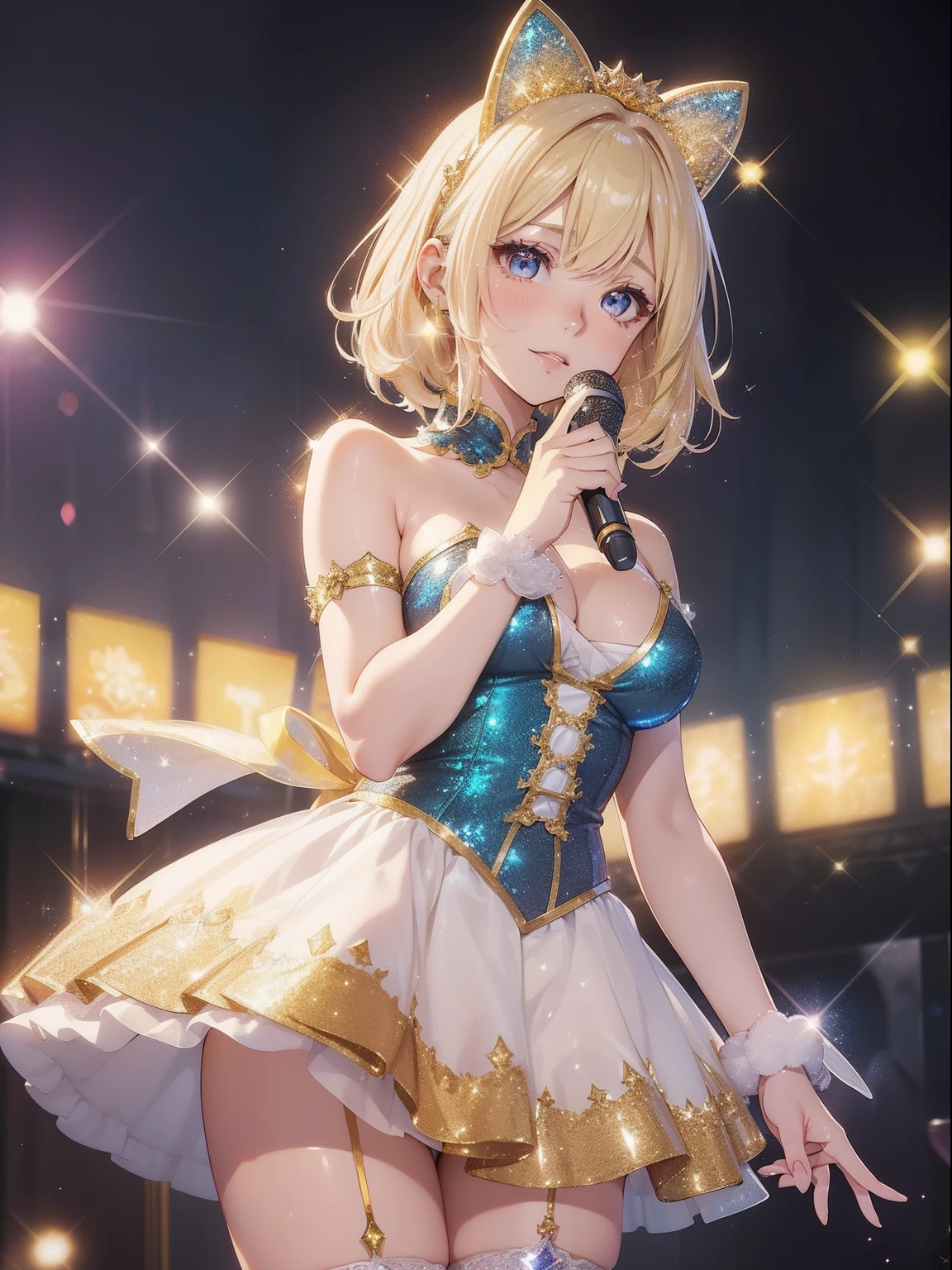 masutepiece, High resolution, 8K, anime woman, Delicate and detailed writing 、Detailed digital illustration、Short hair、perm、Shiny hair、Bangs、a very beautiful woman、Eyes are double, Large, Bust is D cup、High image quality, High quality、Detailed background、(((Wearing idol clothes)))、((Glittering live stage backdrop))、The inside of the eye shines like a diamond、Light yellow hair、Gradient pupil、(((2 arms、4 fingers, 1 thumb)))、Detailed female face、Very beautiful and cute woman、、细致背景、​masterpiece、Soft Focus , Bright gradient watercolor , Lens Flare , (((Glitter))) , Glow , Dreamy , (((Holding a glitter microphone in your hand)))、a miniskirt、Idol、Yellow Ribbon、Very beautiful yellow rose hair accessories、Yellow and white costume、((close-up))、Glitter Cat Ear Headband、(((Goo posing near the face)))