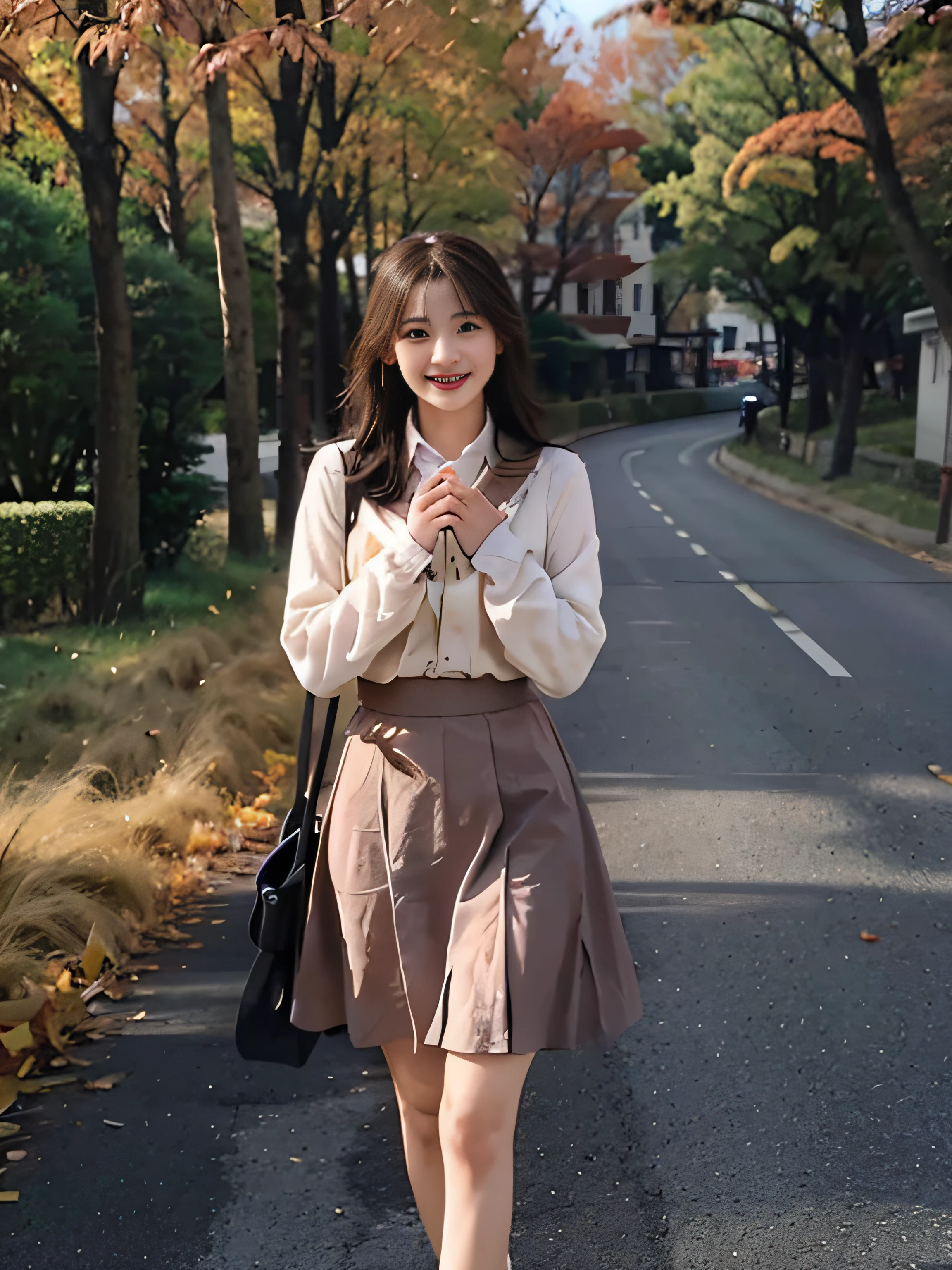Colored leaves、autumn scenery、Autumn landscape、Chinese female fashion model standing on gravel road and taking photo on street. Wearing a red hip skirt, Elegant posture, Pose in cute and elegant poses, very beautiful and slim legs, Charming smile, Beautiful bust shots, Cowboy Shot, Fashionable places, The background complements her beauty and temperament.