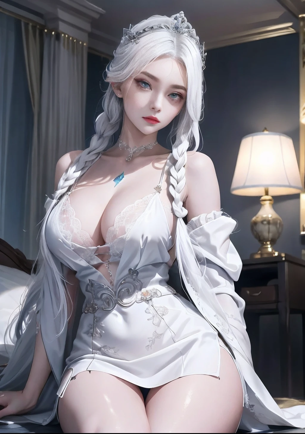 (best qualityer、exquisite:1.2)、超高分辨率、realisticlying、forward light、The details are complex、Exquisite details、The texture is exquisite、1 mature mature girl(rosette)、alone、、、(年轻、Absolutely lovely、)、face highlight、plumw、detail in face、white skinned、silber hair、pony tails、braidedhair、Observe the audience、largeeyes、Silk robes、(hollow pattern、white colors、、silkouette)、耳Nipple Ring、Large breasts、slimfigure、Deluxe room、Professional lighting、photon maping、Radio City、physically-based renderingt、(Pull up the skirt、White lace panties visible)、