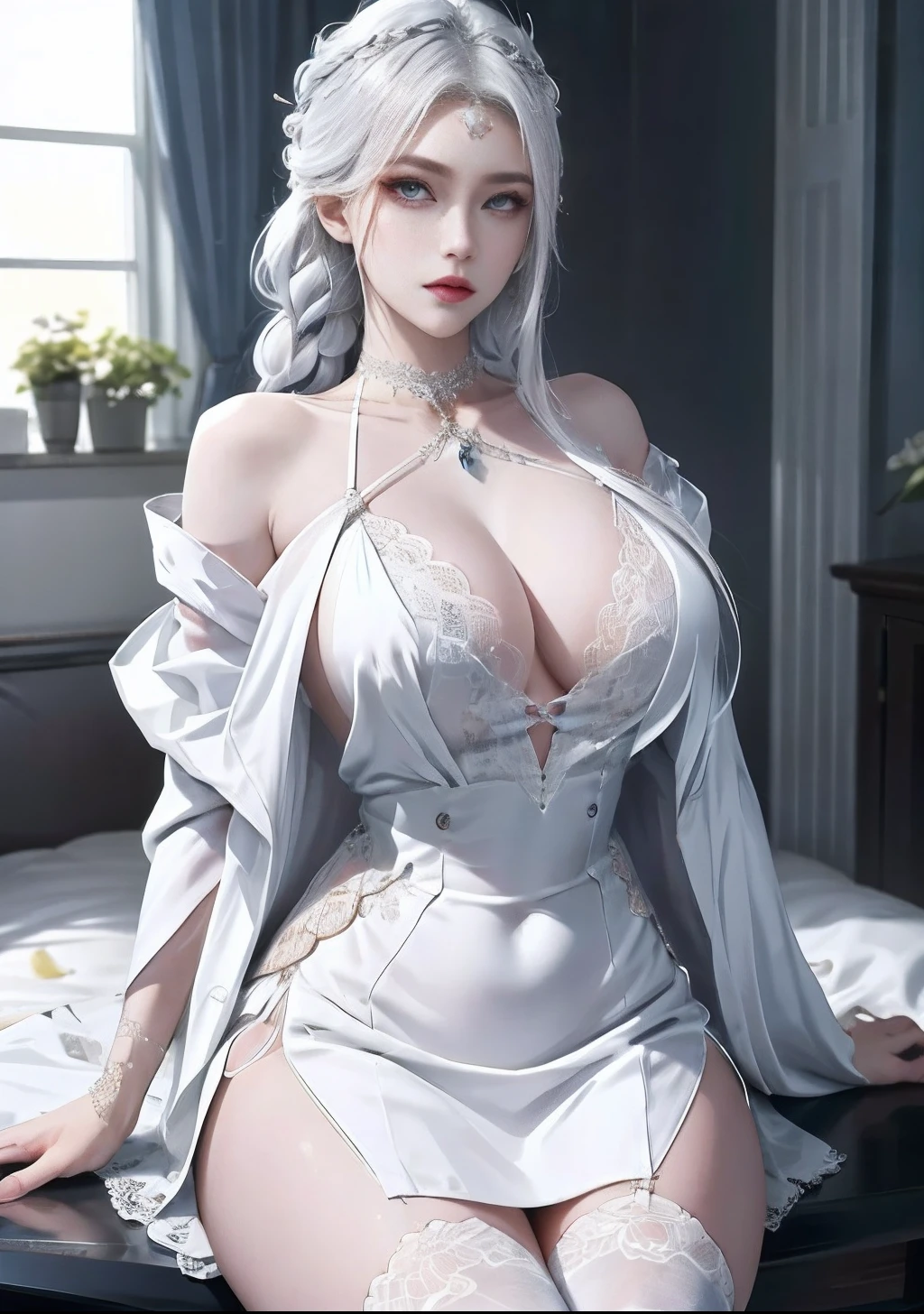 (best qualityer、exquisite:1.2)、超高分辨率、realisticlying、forward light、The details are complex、Exquisite details、The texture is exquisite、1 mature mature girl(rosette)、alone、、、(年轻、Absolutely lovely、)、face highlight、plumw、detail in face、white skinned、silber hair、pony tails、braidedhair、Observe the audience、largeeyes、Silk robes、(hollow pattern、white colors、、silkouette)、耳Nipple Ring、Large breasts、slimfigure、Deluxe room、Professional lighting、photon maping、Radio City、physically-based renderingt、(Pull up the skirt、White lace panties visible)、