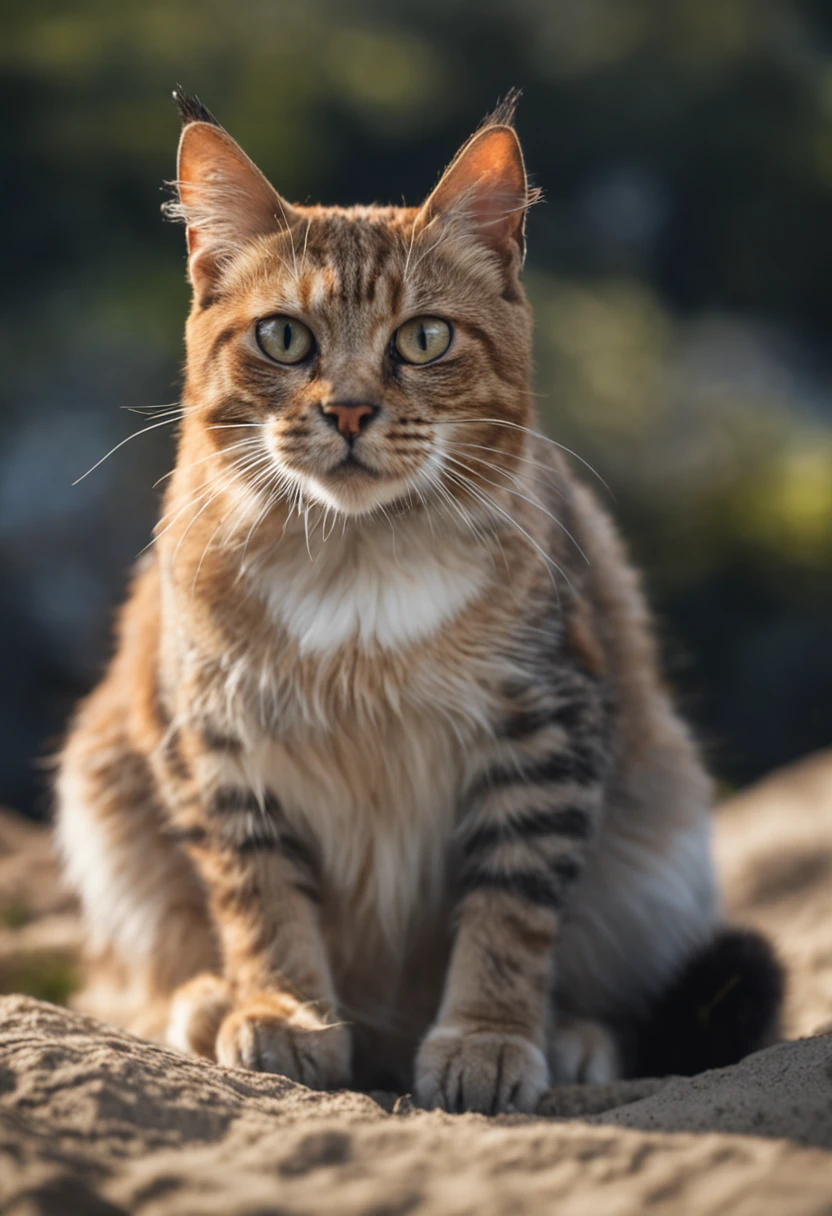 RAW photo, a close up portrait of a cat, back ground is the african jungle, the cat looks dominant and assertive