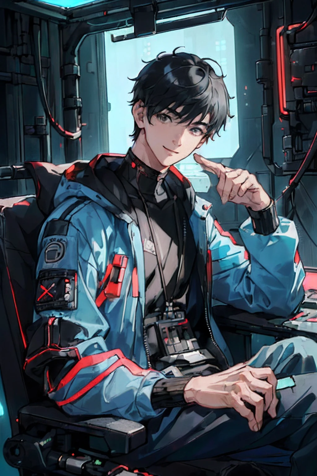 (AS-Young:1.7), (1boy:1.8), (Male Focus:1.2), (Cute:1.7) Solo, Solo Focus, masutepiece, ((Exquisite_detail)), Illustration, (Handsome), extremely_Detailed_nffsw, Black hair, Black eyes, Looking at Viewer, Sitting down, Cyberpunk Boy, scifi, Blue Overall, On the Cyberpunk Space Station, Smiling