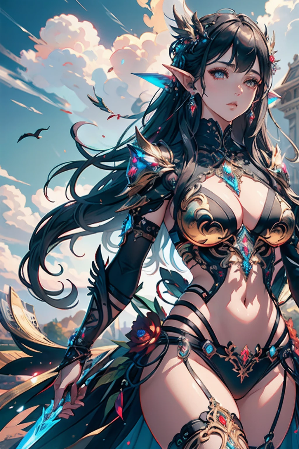detalhes altos, best quality, 8k, [Ultra Detalhado], master part, best quality, (extremamente detalhado), Dynamic angle, Ultra long launch, fotorrealista, Arte de Fantasia, DND Arte, Arte de RPG, Arte realista, uma grande angular, (((anatomicamente correto)))  Uma imagem de um cavaleiro elfo, Elfo Guerreiro, guerreiro de elite, Pronto para a Batalha (Detalhes intensos, master part, best quality: 1.5), Elfo feminino  (Detalhes intensos, master part, best quality: 1.5), Face Ultra Detalhada, ultra feminino, pele clara, Beleza requintada, cabelos dourados, Cabelos Longos, cabelos ondulados, Orelhas pontiagudas pequenas, dynamic eye color, vestindo pesada armadura Elven LnF, metal brilhante, armed with elven sword, espada de fantasia, espada, Standing near a unicorn, Prados verdes, Blue sky background and some clouds field background depth (detalhes intrincados, master part, best quality: 1.5), Dynamic angle, (detalhes intrincados, master part, best quality: 1.5), detalhes altos, best quality, Alto, ultra grande angular