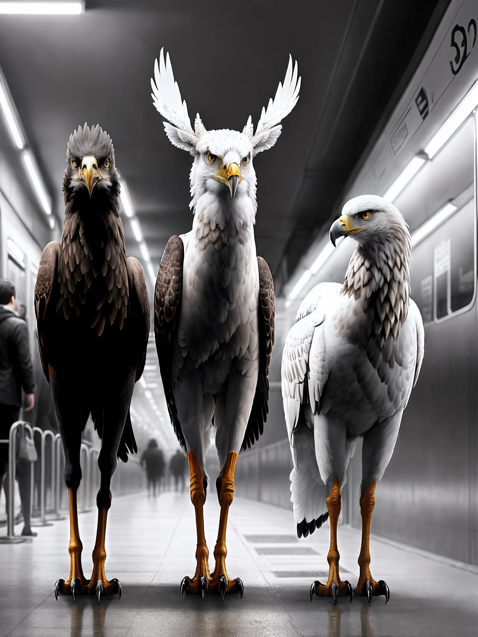 Two animals::2, An eagle and a deer::2, photograph of-realistic, ultra detailed photography::2, Two animals::2, Animal One is the Silver Eagle::3, Stand on the floor next to it, Animal II Majestic deer::3, Stand on the floor next to the eagle, New York subway platform, Detailed face and full body, Dreamy, Glowing, Glamour, glimmer, Shadows, Raw digital photo, Perfect color grading, smooth, hyper HD, 8K, Unreal Engine 5, super sharp focus, Art germ, loish, sfv, masterpiece of intricate artwork, Ominous, 90mm g-master lens