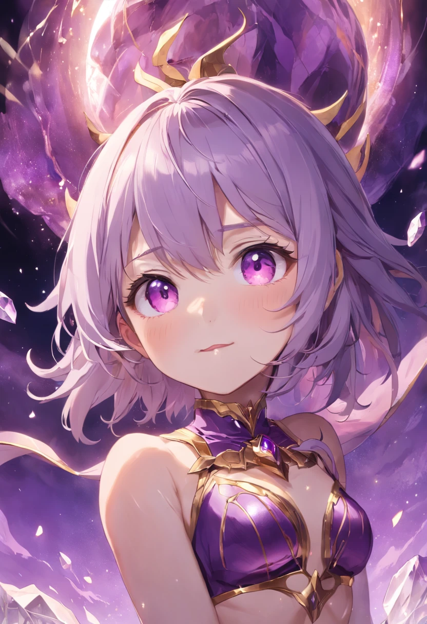 (masterpiece, best quality), 1boy，younge boy，???'s face,Children's faces，Juvenile faces，Lying on a huge amethyst stone，Curl up，ssmile，adolable，infancy，Young age，Short round face，Flat chin，Pink briefs，musculous, Short purple hair with a very light color,Heterochromatic eyes in gold and purple, 复杂,Black collar， nakeness， Skinny briefs,Pectoralis abdominal muscles，cleanness，vivd colour,(depth of fields:1.2),(abs),The upper part of the body，looking at viewert，Lying on a huge amethyst stone，The body curls up，Asian people,chineseidol，upperbody closeup，the night，No light source