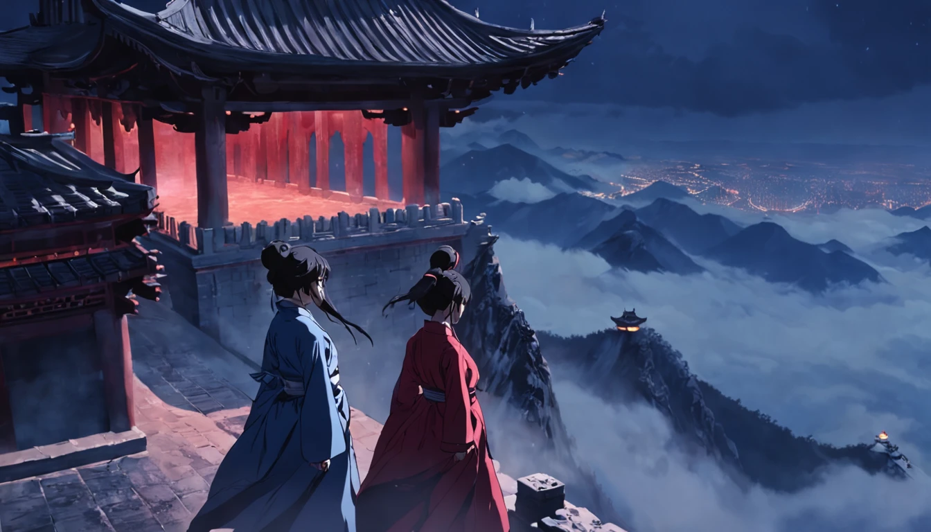 Wudang Mountain peak showdown, Two women, Masterpiece, Best quality, cinematic Film still from, standing atop a mountain peak, Close-up, Dim, Scary, Cold hard lighting, midnight, (spark of light:0.7)