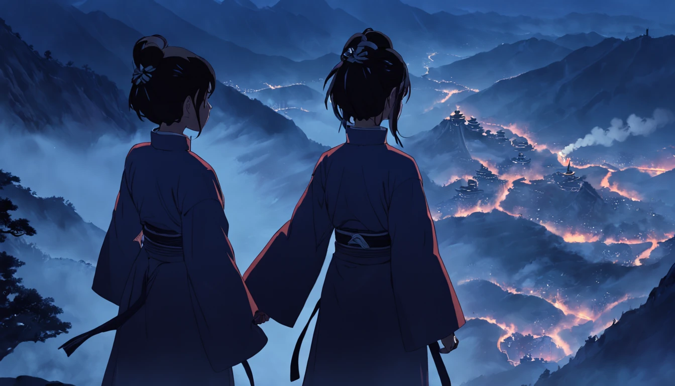 Wudang Mountain peak showdown, Two women, Masterpiece, Best quality, cinematic Film still from, standing atop a mountain peak, Close-up, Dim, Scary, Cold hard lighting, midnight, (spark of light:0.7)