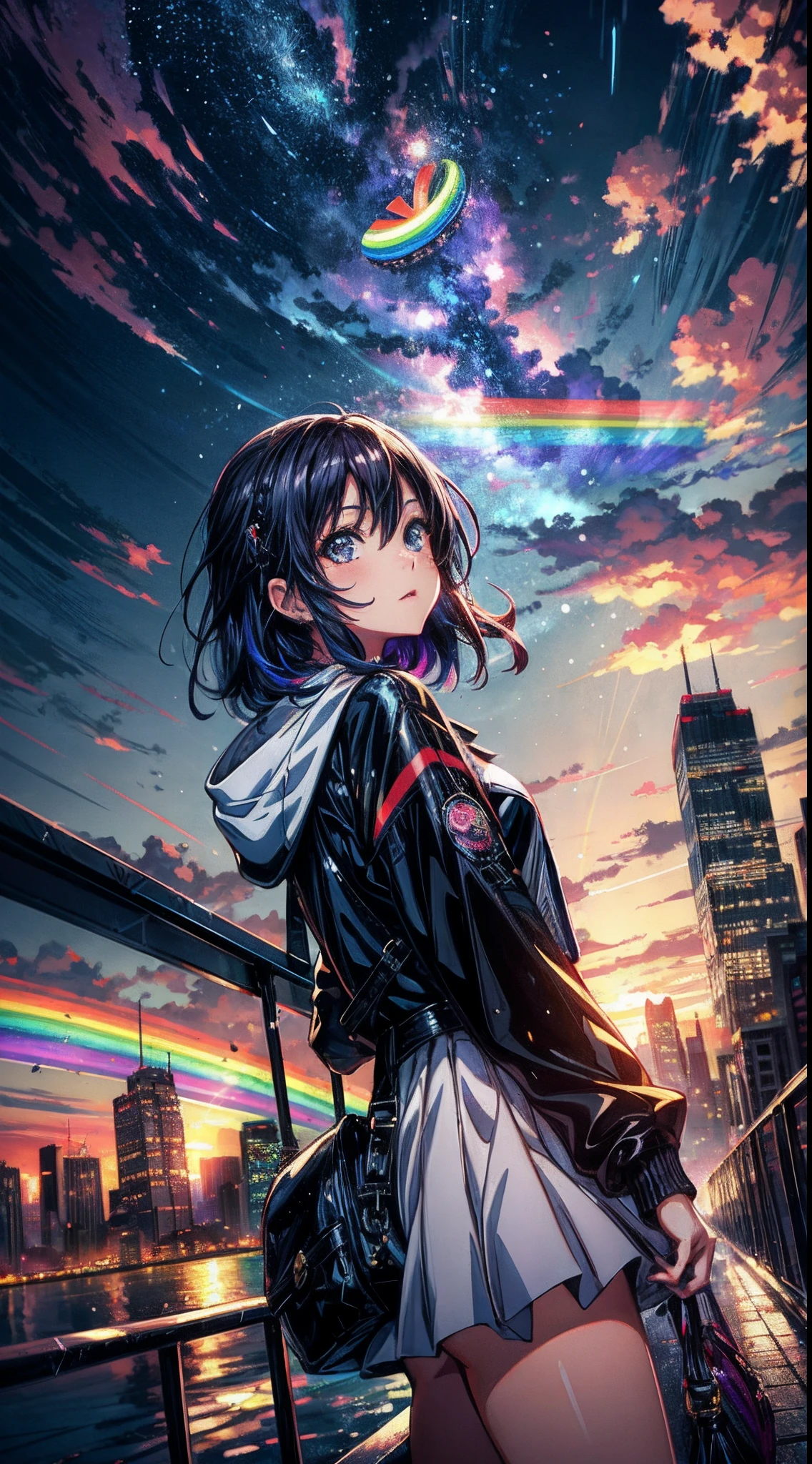((Rainbow daytime sky))、Anime girl looking at big city landscape,Near Future City、 makoto shinkai cyril rolando, anime art wallpaper 4k, anime art wallpaper 4k, Anime art wallpaper 8k, inspired by Cyril Rolando, in the style dan mumford artwork, amazing wallpapers, by Yuumei