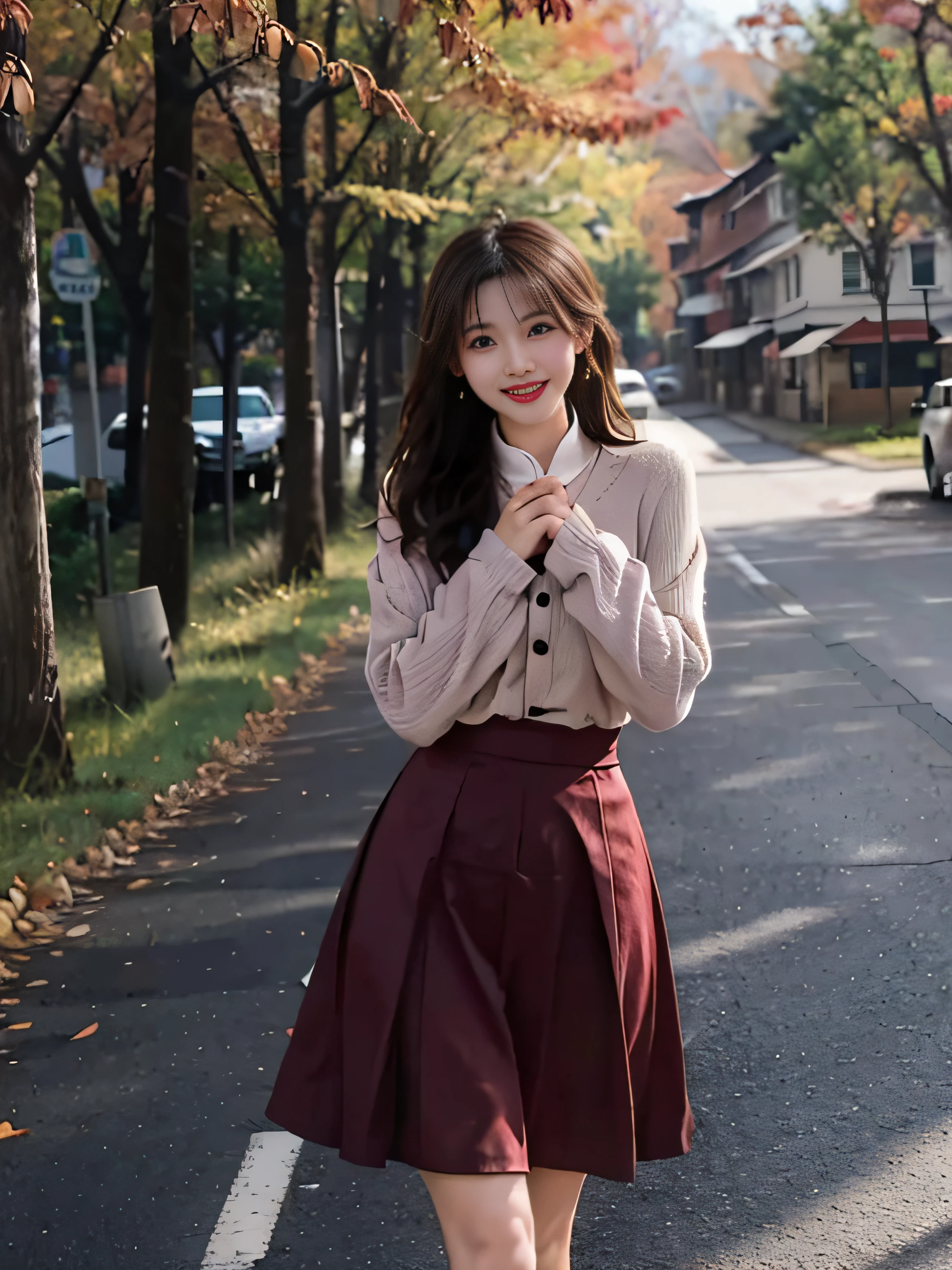 Colored leaves、autumn scenery、Autumn landscape、Chinese female fashion model standing on gravel road and taking photo on street. Wearing a red hip skirt, Elegant posture, Pose in cute and elegant poses, very beautiful and slim legs, Charming smile, Beautiful bust shots, Cowboy Shot, Fashionable places, The background complements her beauty and temperament.