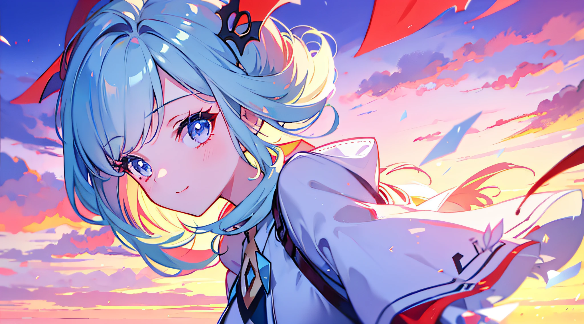 masterpiece, best quality, movie still, 1girl, cloud girl, floating in the sky, close-up, bright, happy, warm soft lighting, sunset, (sparks:0.7)
