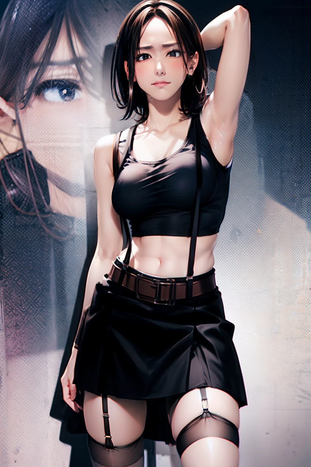 Black skirt, Tank Tops suspenders, Brown hair Gray eyes, Garter belt on the legs, Tight clothes, a belt Armpit sweat deadpan large full breasts short-cut