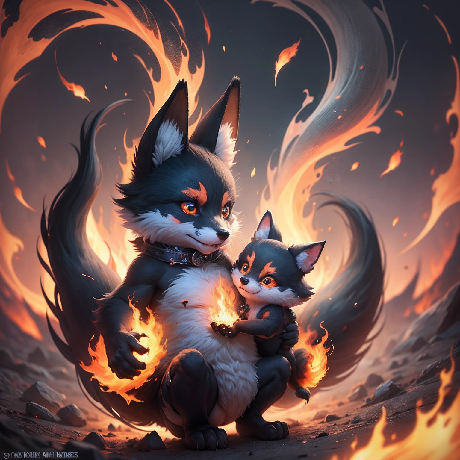 Cute little monster, Cute, Furry, Small size, 8K animation　Engulfed in flames　Deities々　foxes　　Nine Tails　9 tails pointing upwards　Black Nine-Tailed　foxes