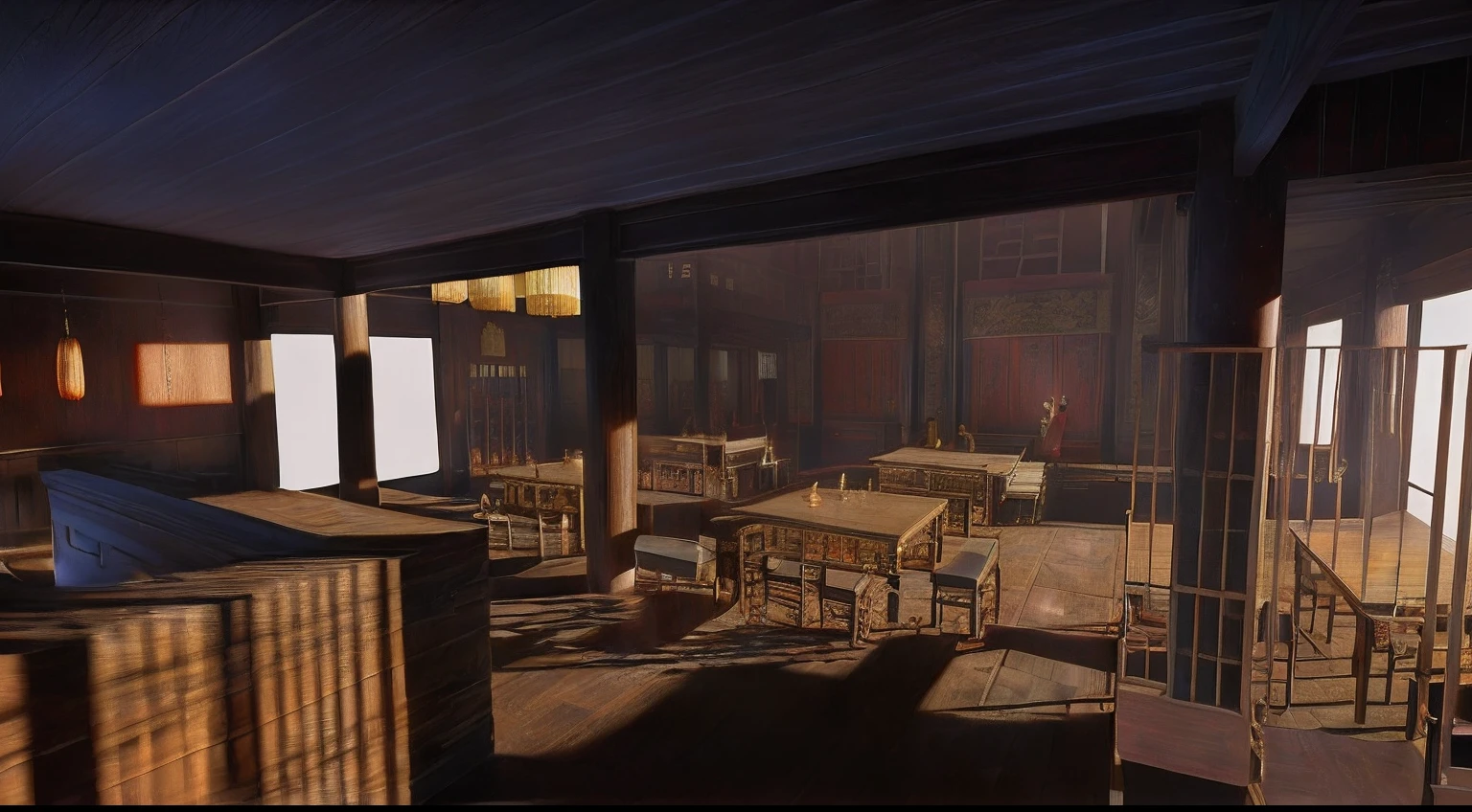 Chinese interior，antiquarian，dining room，inn，swordsmen，cinematic ligh，film，Vivid shadow lighting，Eight Immortals Table，bench，Shaanxi style，screen，Chinese wooden pillars，wooden railings，Liquor counter，Wooden bar，pub，Hotel tea house，orient，akira kurosawa，projection，Warm lighting，Masonry floor，countryside