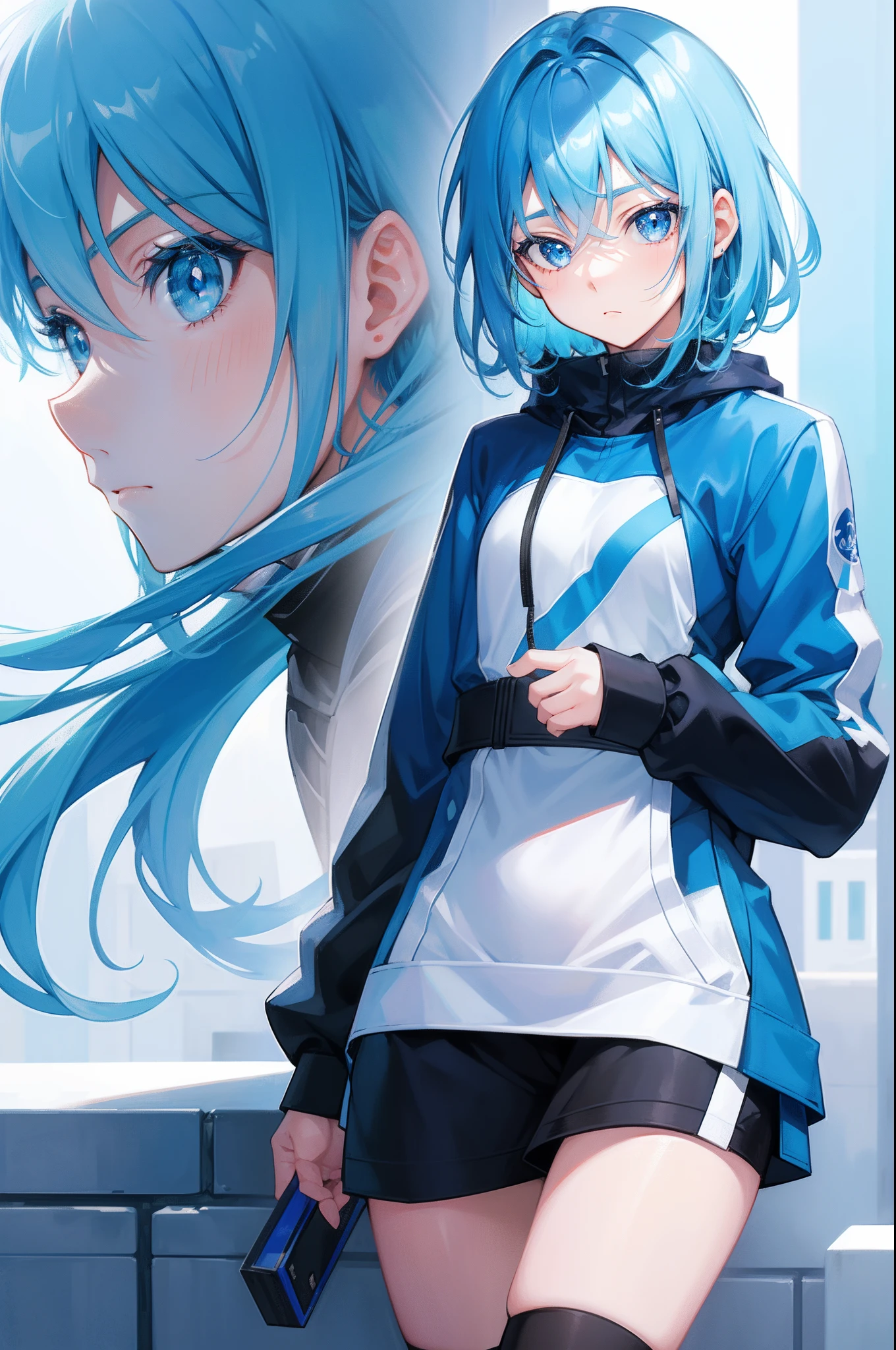 A cute boy,high and cold,Blue hair,blue colored eyes,shyexpression,full bodyesbian,style of anime,Correct ray casting,Correct shadow level,Ultra-clear,8K分辨率