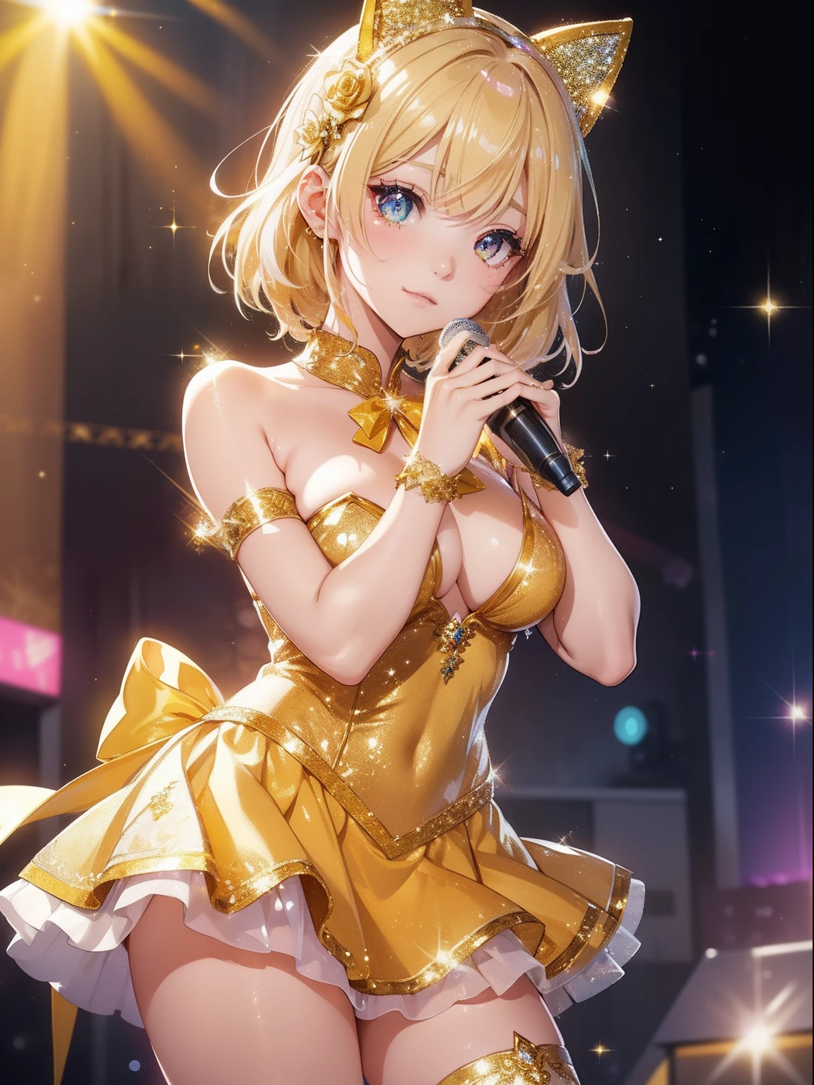 masutepiece, High resolution, 8K, anime woman, Delicate and detailed writing 、Detailed digital illustration、Short hair、perm、Shiny hair、Bangs、a very beautiful woman、Eyes are double, Large, Bust is D cup、High image quality, High quality、Detailed background、(((Wearing idol clothes)))、((Glittering live stage backdrop))、The inside of the eye shines like a diamond、Light yellow hair、Gradient pupil、(((2 arms、4 fingers, 1 thumb)))、Detailed female face、Very beautiful and cute woman、、细致背景、masterpiece、Soft Focus , Bright gradient watercolor , Lens Flare , (((Glitter))) , Glow , Dreamy , (((Holding a glitter microphone in your hand)))、a miniskirt、Idol、Yellow Ribbon、Very beautiful yellow rose hair accessories、Yellow and gold costume with white as the main color、((close-up))、Glitter Cat Ear Headband、(((Goo posing near the face)))