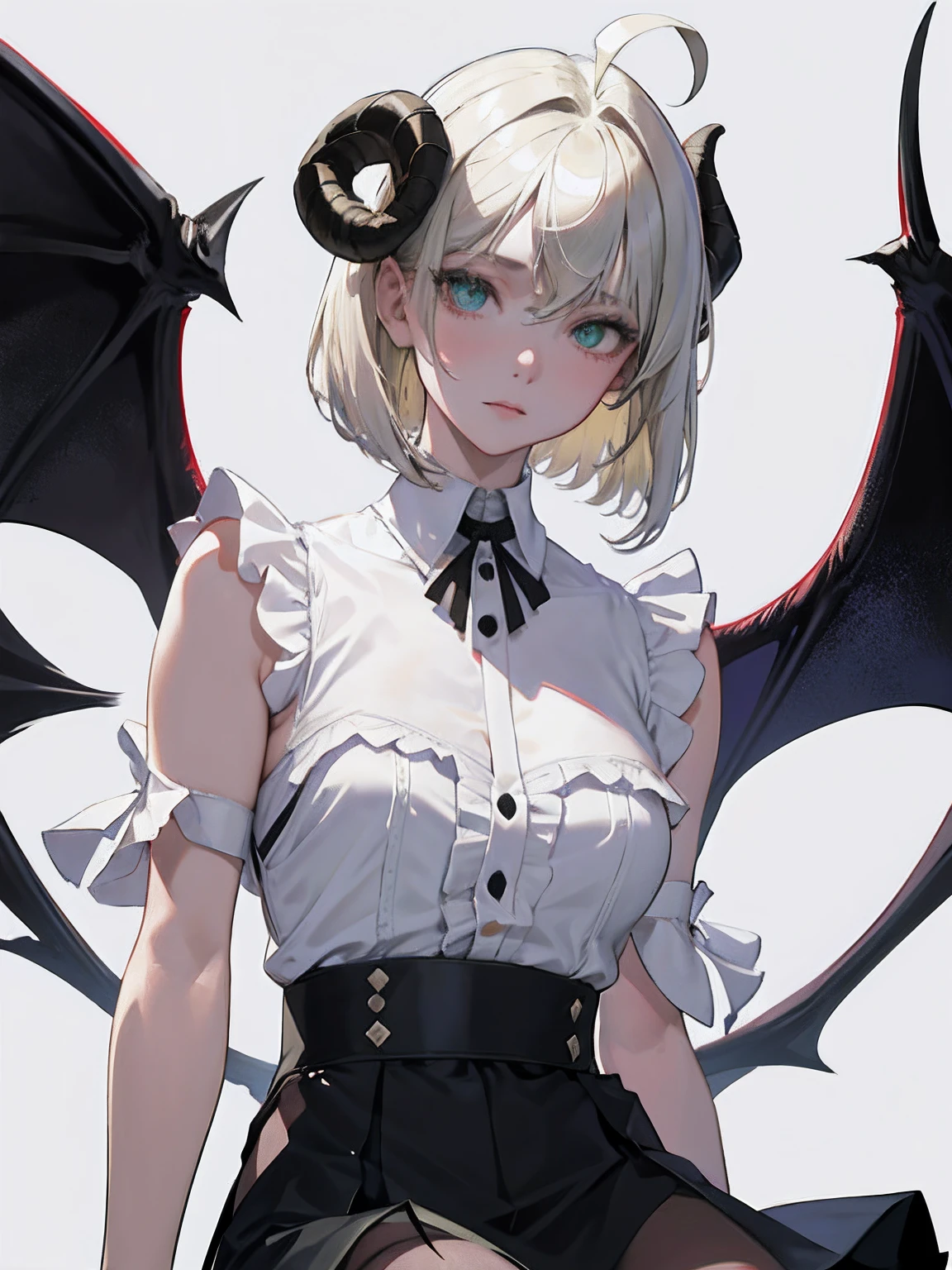 adult woman, White hair, (shoulder-length hair), ((grey eyes)), police uniform, cute face, Pretty appearance, anger, Fury, anger, Killer Look, sadistic smile, Demon Wings, lightning and wind, closed mouth, closed clothing, (((plain background))), (horns), Demon Girl, short hair