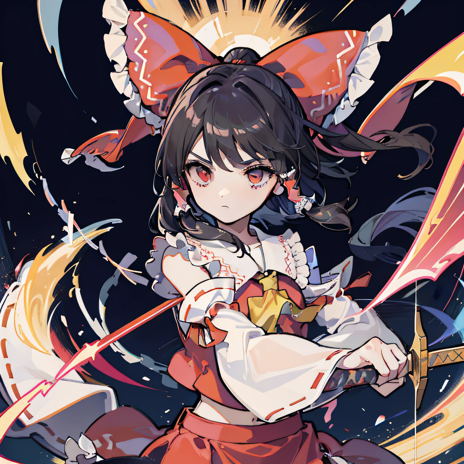 Anime photo with 100 dagger knives above the head Knives kill everything, 1girl in, reimu hakurei, Solo, Hair accessories hair bye, bow, Detached sleeves, hair tubes