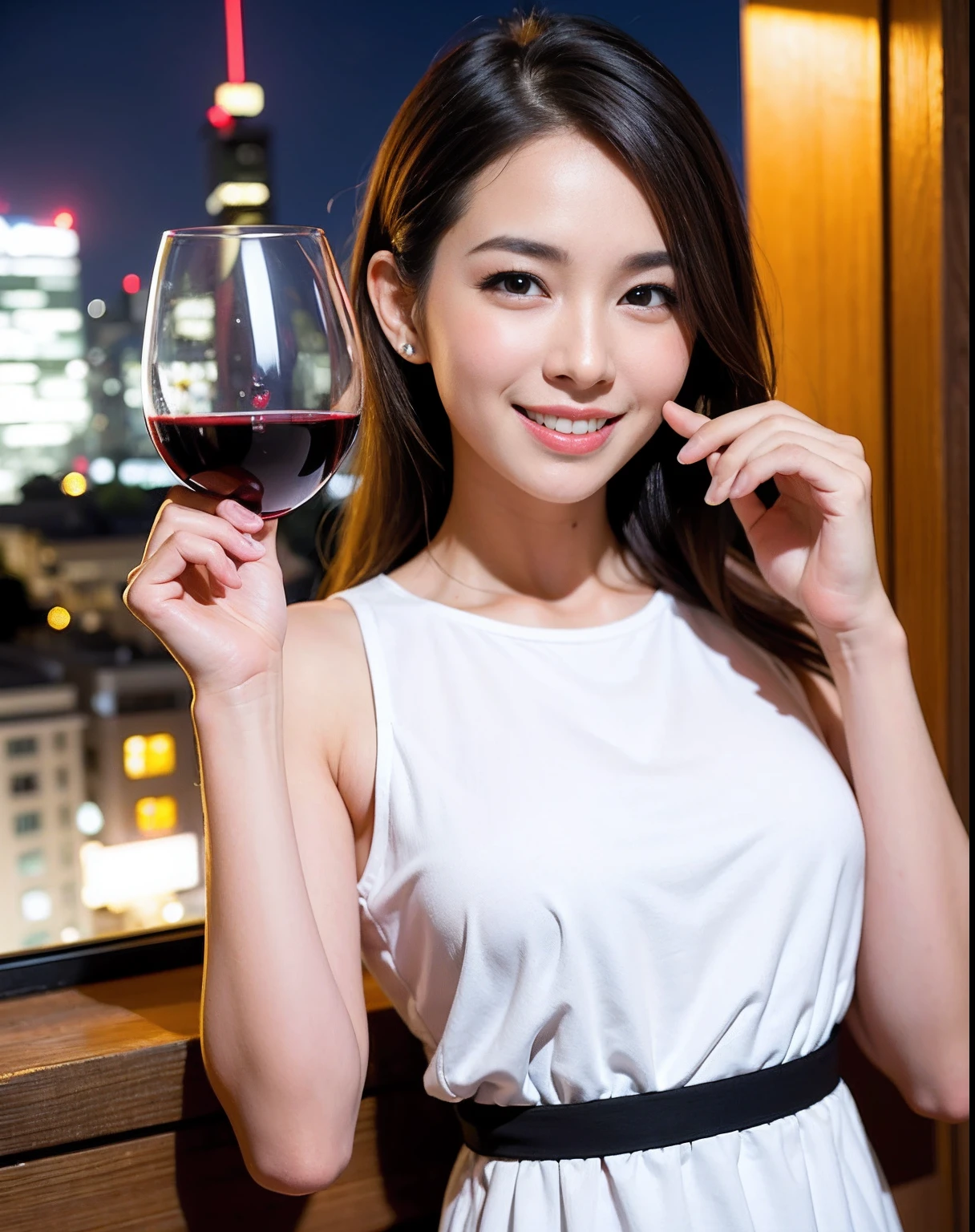 (64K, UHD, top quality, masterpiece: 1.2), (realistic, photorealistic: 1.37), super detailed, pretty woman 1 person, (slim face), (slim body), (brown hair), (short cut), cheeks slightly blushing, (44 years old), 38 years old, solo, beautiful detailed urban night view outside the window, restaurant, wine glasses sit, at night, in a prominent placeNovaFrogStyle, Actress, Model, Waist Up, White Wine, Slim, Wine Glass, Super Clean Night View, Wine Glass Put in the Middle, Happy Smile, (Smile: 1.15), Beautiful Fine Eyes, Upper Body, Bust Japan Up, Night, Short, Short, Actress, Model, Waist Up, White Wine, Slim, Wine Glass, Super Clean Night View, Wine Glass Put in the Middle, Happy Smile,