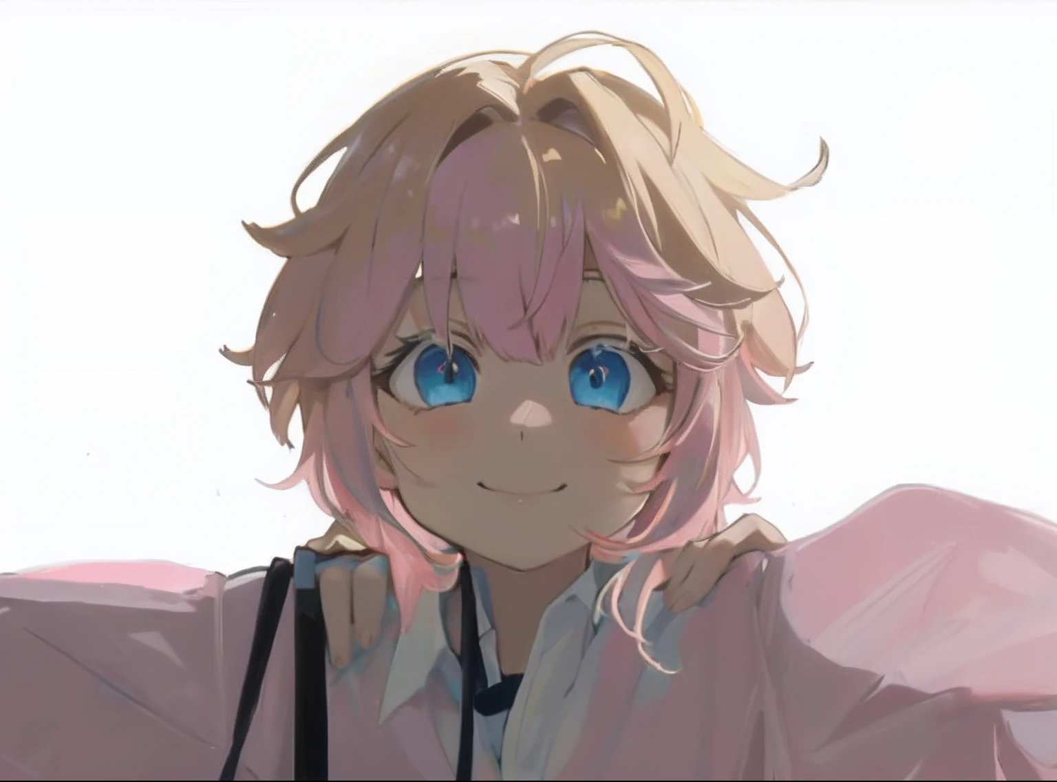 blue eyes, pink bangs, yellow hair, pink shirt, smile