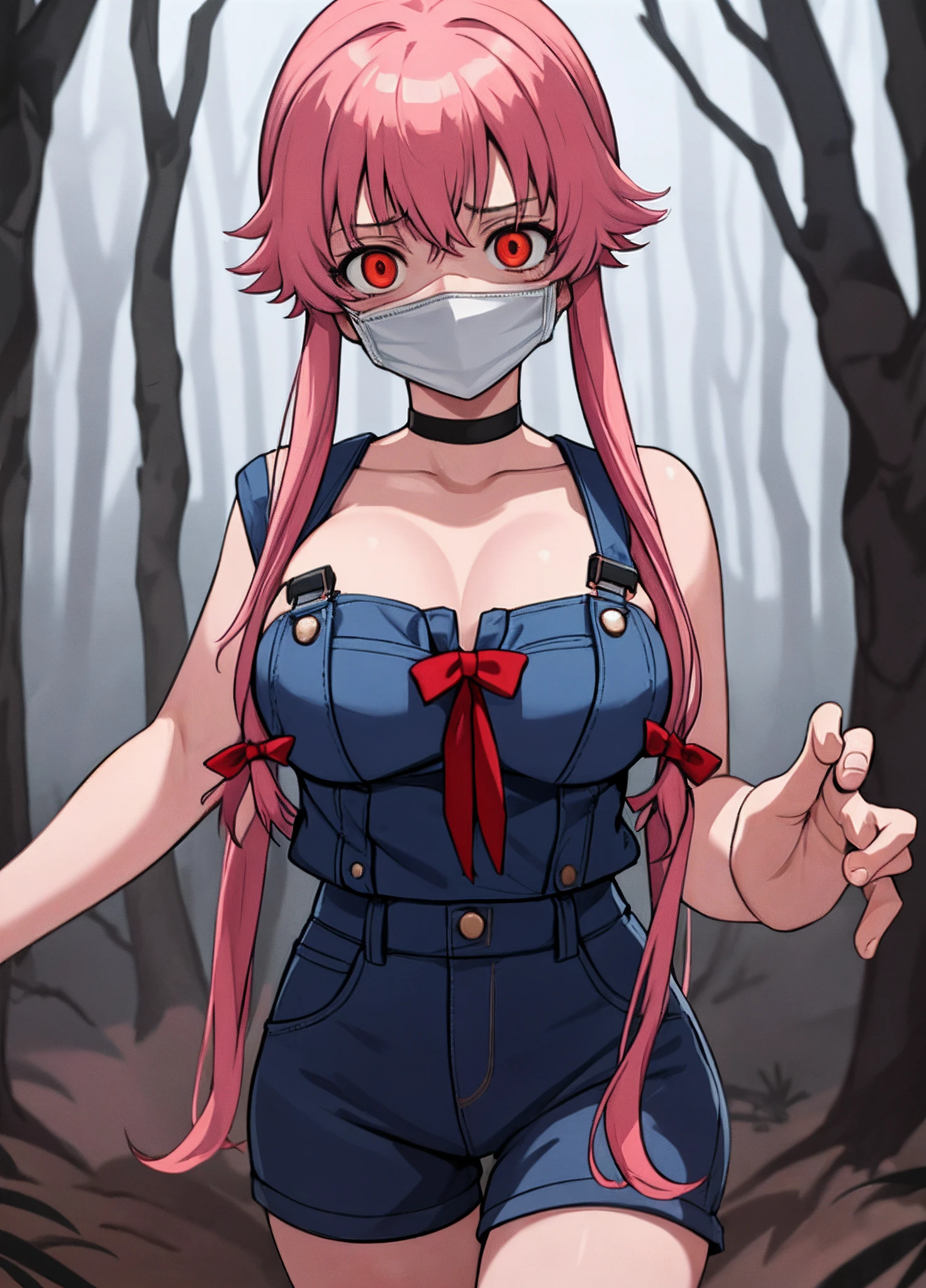 a woman with large breast in a woods, 1girl, breasts , , , pink hair, large breasts, twintails, long hair, solo focus, mirai nikki, black choker, dark grey overalls, leather gloves, black boots, ((face mask)), red eyes, chasing you through the woods, ((nigth)), crazy, ((crazy eyes)), ((crazy stare)) holding a bloody knife, (fanart of Gasai Yuno)