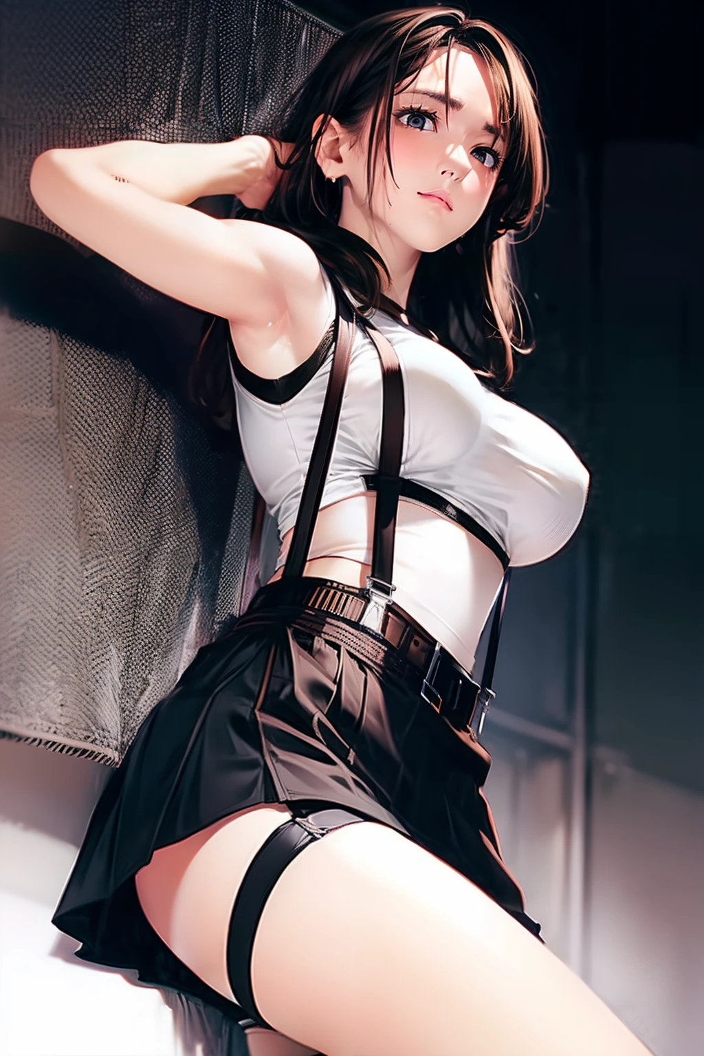 Black skirt, Tank Tops　suspenders, Brown hair Gray eyes, Garter belt on the legs, Tight clothes, 　　 a belt　Armpit sweat　　deadpan　large full breasts　short-cut