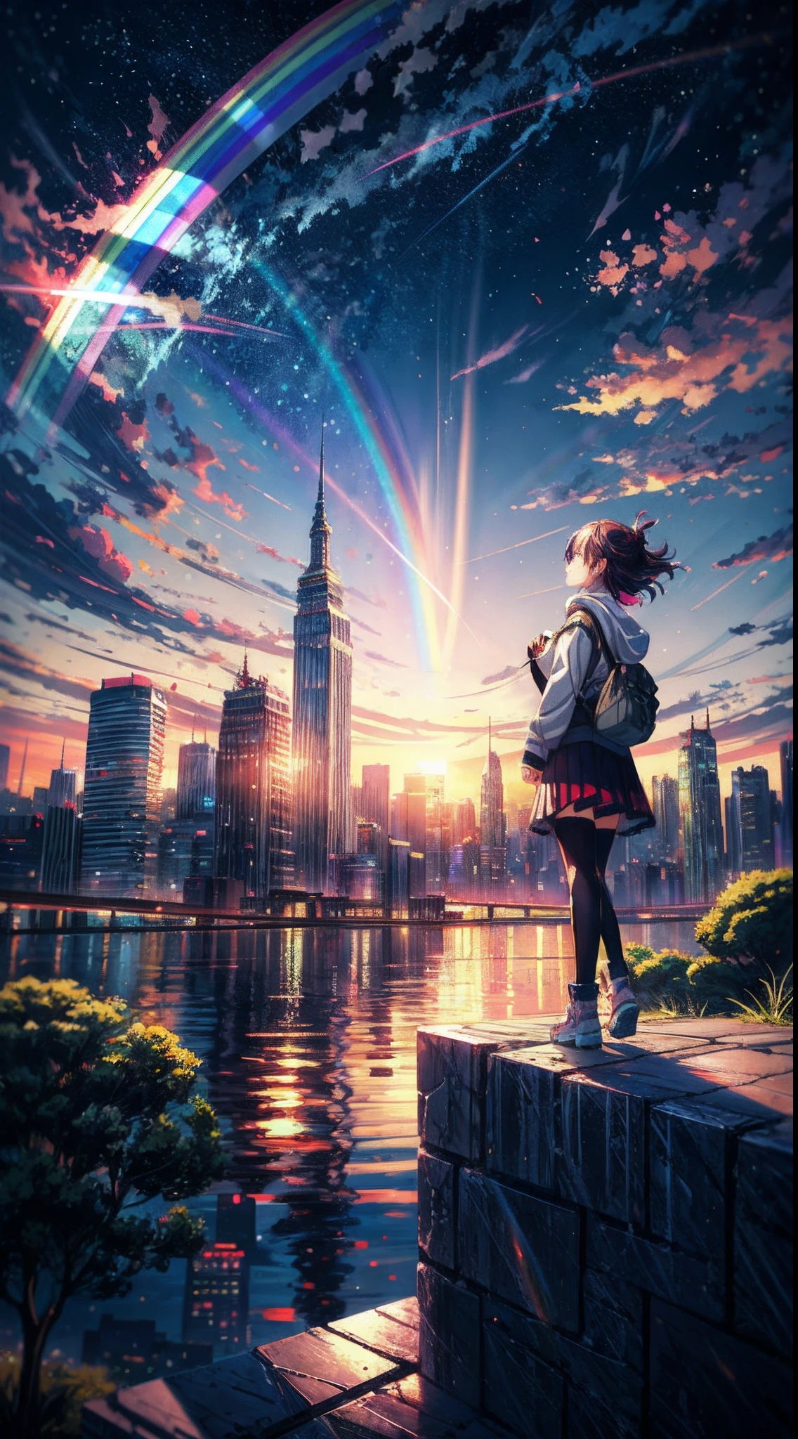 ((Rainbow daytime sky))、Anime girl looking at big city landscape,Near Future City、 makoto shinkai cyril rolando, anime art wallpaper 4k, anime art wallpaper 4k, Anime art wallpaper 8k, inspired by Cyril Rolando, in the style dan mumford artwork, amazing wallpapers, by Yuumei
