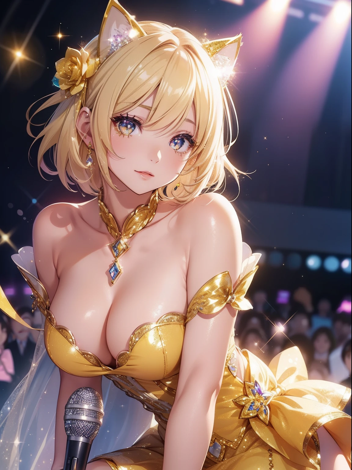 masutepiece, High resolution, 8K, anime woman, Delicate and detailed writing 、Detailed digital illustration、Short hair、perm、Shiny hair、Bangs、a very beautiful woman、Eyes are double, Large, Bust is D cup、High image quality, High quality、Detailed background、(((Wearing idol clothes)))、((Glittering live stage backdrop))、The inside of the eye shines like a diamond、Light yellow hair、Gradient pupil、(((2 arms、4 fingers, 1 thumb)))、Detailed female face、Very beautiful and cute woman、、细致背景、masterpiece、Soft Focus , Bright gradient watercolor , Lens Flare , (((Glitter))) , Glow , Dreamy , (((Holding a glitter microphone in your hand)))、a miniskirt、Idol、Yellow Ribbon、Very beautiful yellow rose hair accessories、Yellow and gold costume with white as the main color、((close-up))、Glitter Cat Ear Headband、(((Take an idle pose)))