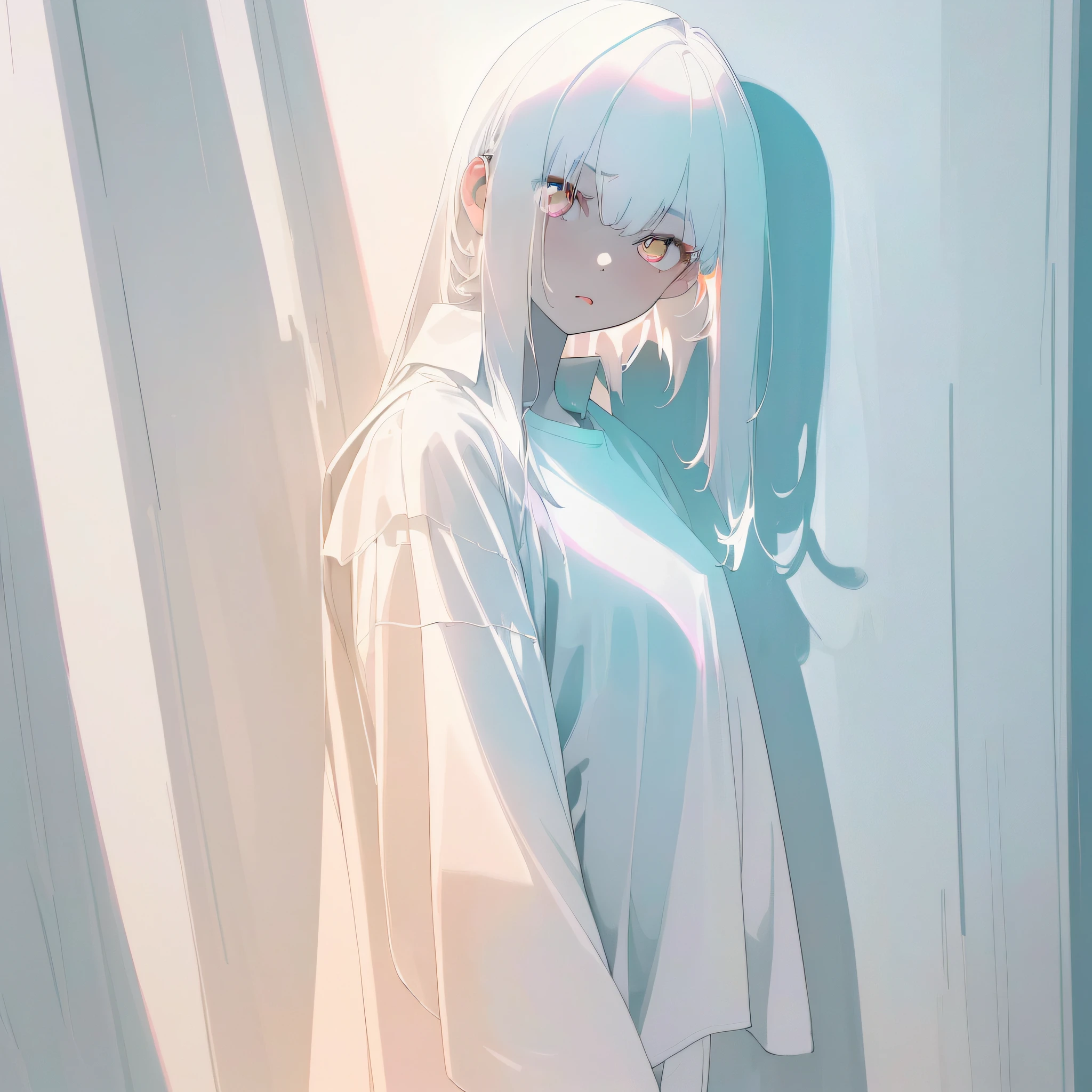 masterpiece, top quality, highest resolution, 1girl in 8years old, close up, (white oversized shirt:1.3), (pale white hair with a lot of fluorescent colors), (delicate fluorescent white eyes:1.4), (a corner of a dark room), (fullnude:1.0), (highcontrast:1.1), best light and shadow,