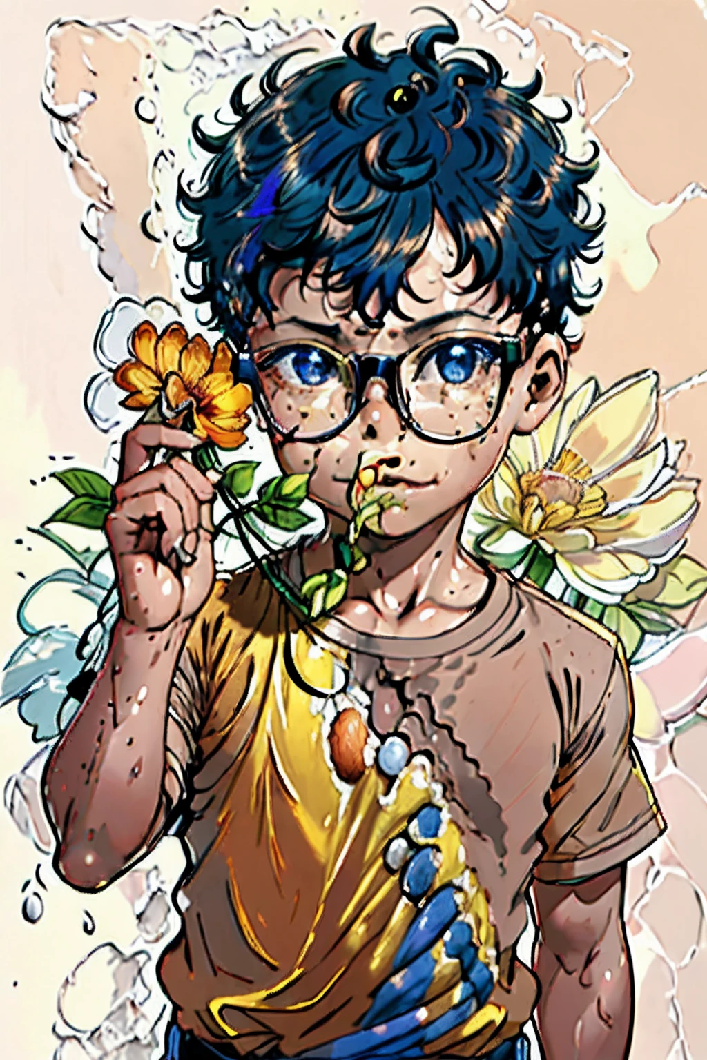 loeanerdinho1, Half-body portrait of a 3-year-old boy wearing glasses and casual clothes, com um rosto intrincadamente detalhado (rosto detalhado:1.3). He is happily presenting a flower to the viewer while facing the camera. The focus is on the flower, com o resto da cena intencionalmente borrado. Create an exceptionally realistic and detailed image with chiaroscuro studio lighting (Realismo:1.3) (Chiaroscuro:1.1) (Detailed lighting) (roupas altamente detalhadas) (happy expression) (vivid colors) (Flor em foco) (desfoque de fundo)