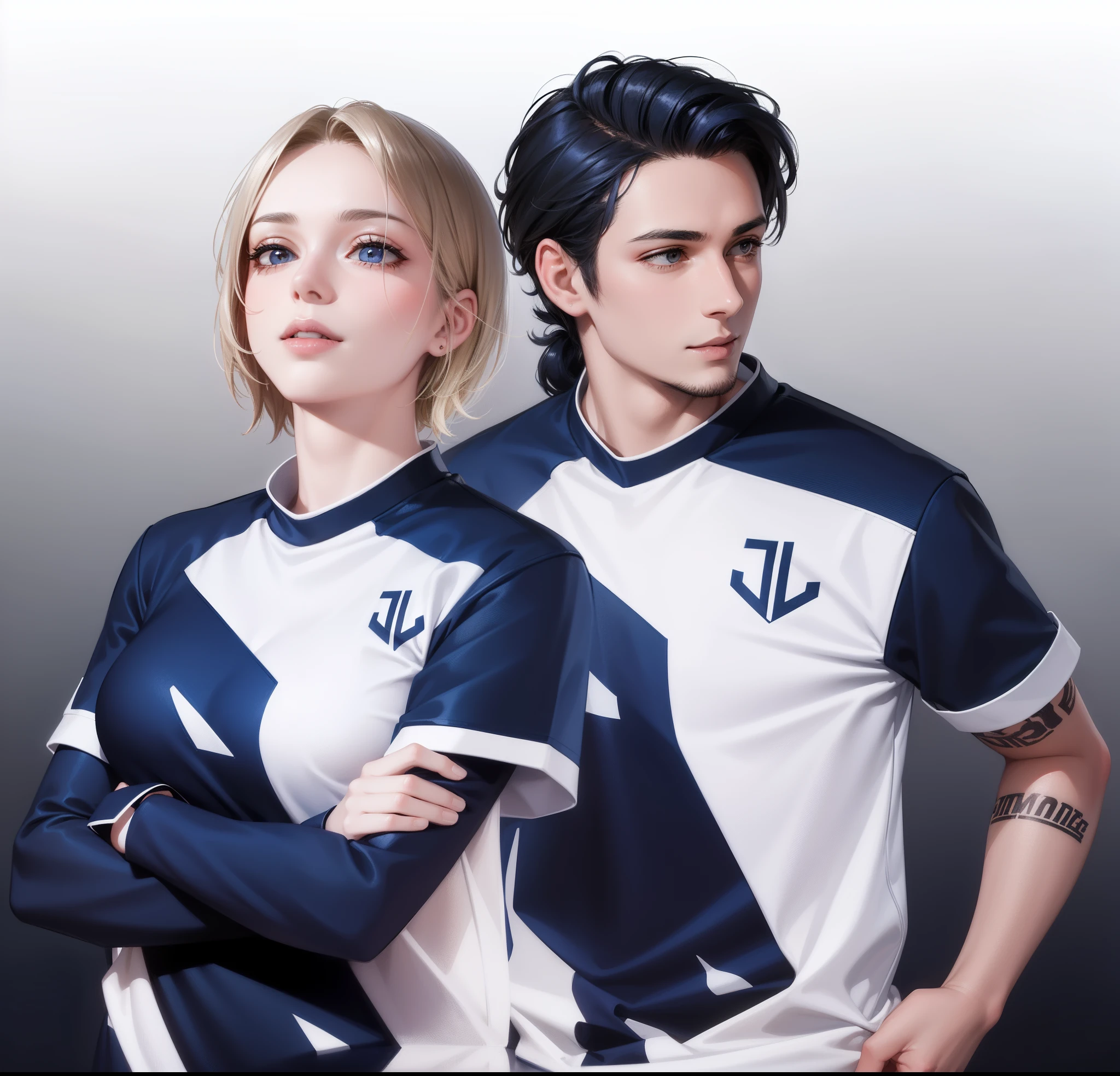 2 people, woman and man, Attractive profile picture, masterpiece, ultra-precise rendering, beautiful and cool young woman, trustworthy, dependable young woman, savior of the world, simple design, most beautiful image, 4K, blue black hair, beautiful woman, beautiful smile, woman short hair, clean skin, men facial hair,