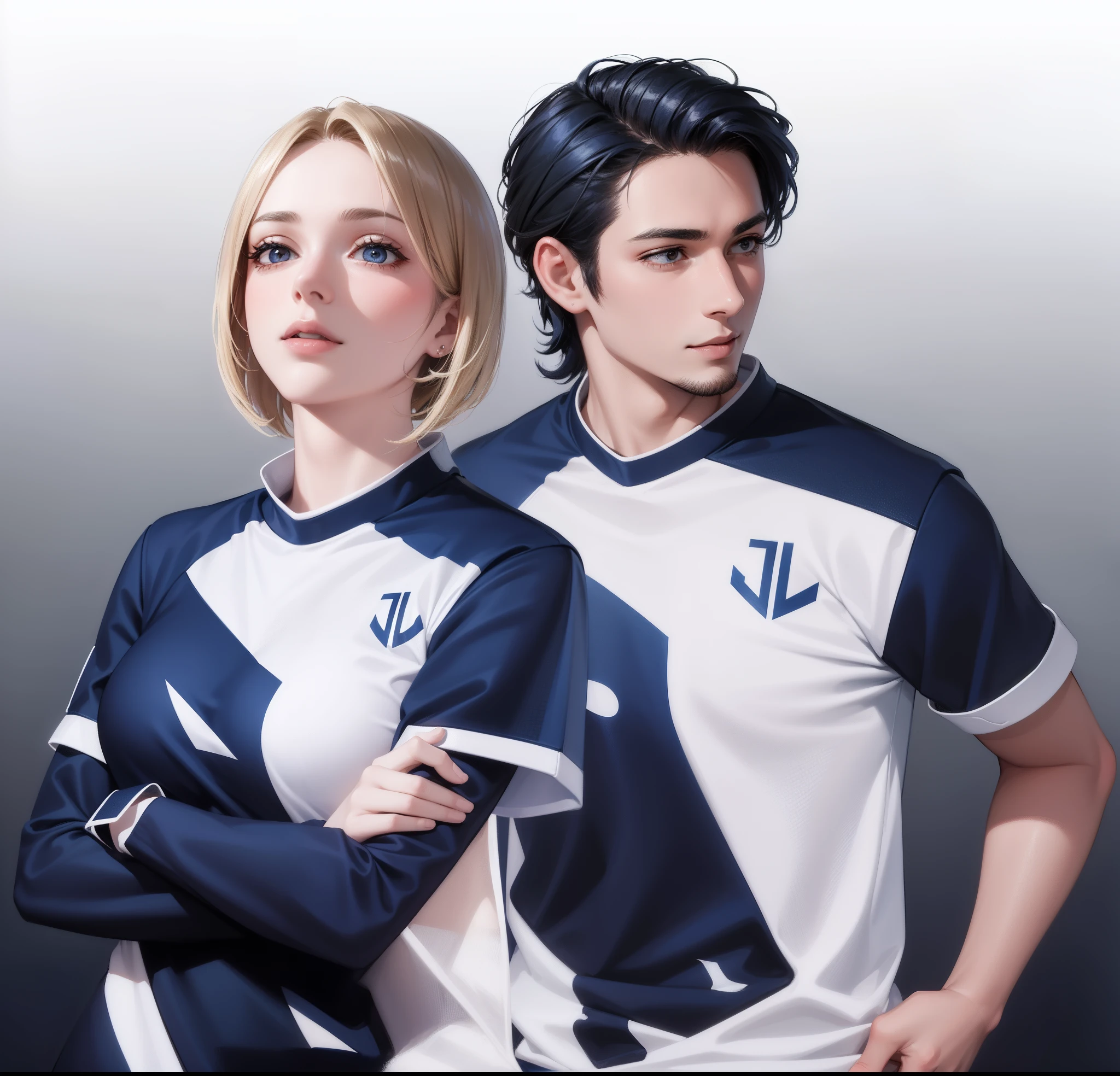2 people, woman and man, Attractive profile picture, masterpiece, ultra-precise rendering, beautiful and cool young woman, trustworthy, dependable young woman, savior of the world, simple design, most beautiful image, 4K, blue black hair, beautiful woman, beautiful smile, woman short hair, clean skin, men facial hair,