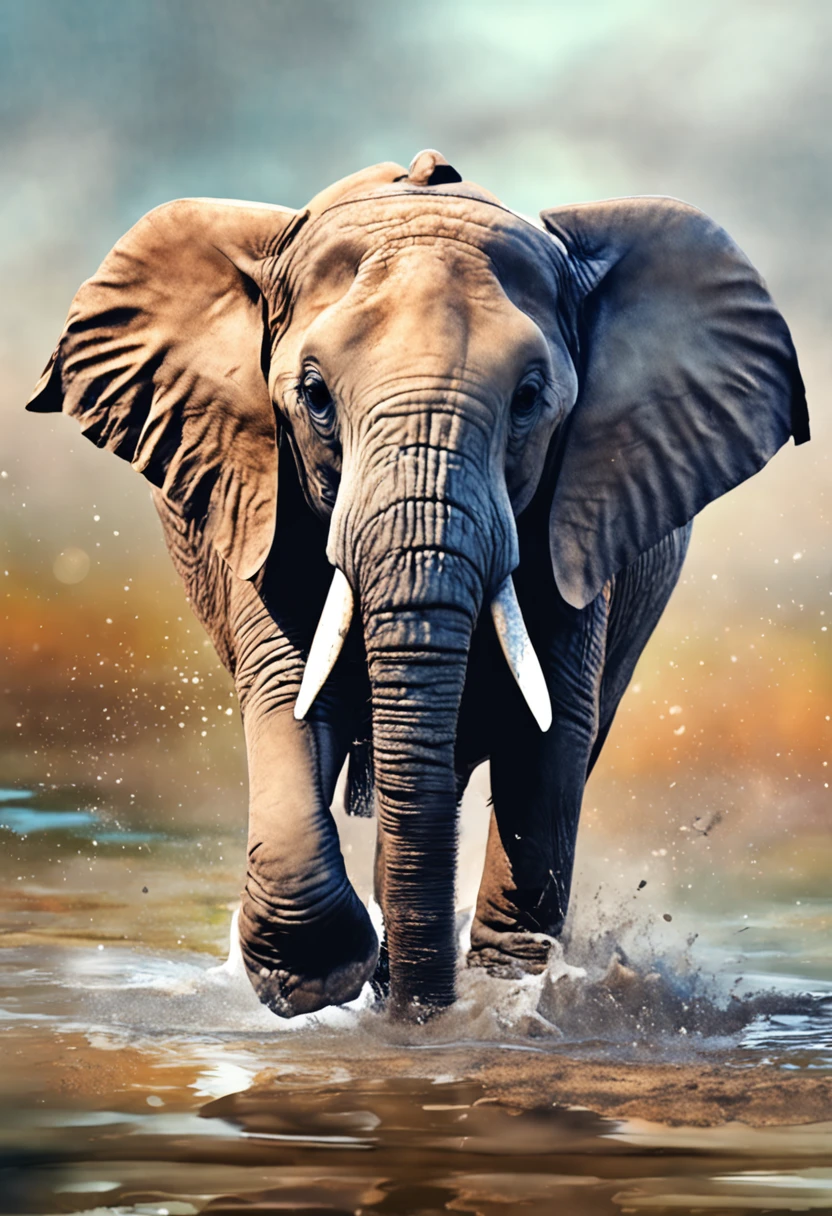 Illustration of a baby elephant,Deformed, Water Paint Art, beautiful artwork, watercolor detailed art, gorgeous art, Awesome art, watercolor paiting, elephant, Focus on elephants, Exotic Watercolor Artwork, amazing