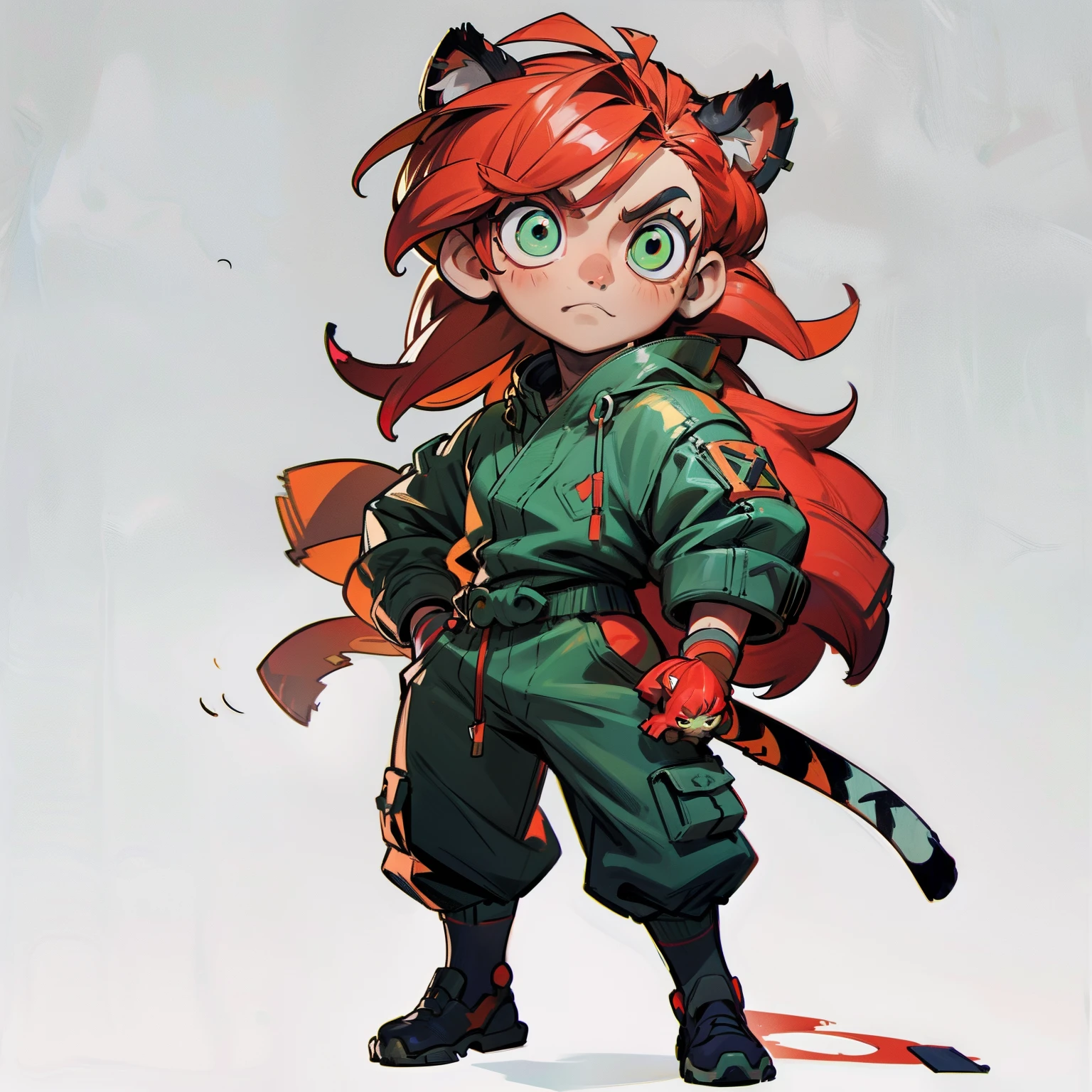masutepiece, Best Quality, Full body shot, No background, White background, green tiger eyes, Wild , muscular, tiger ears, Chibi, Red hair color, prestige, Male,