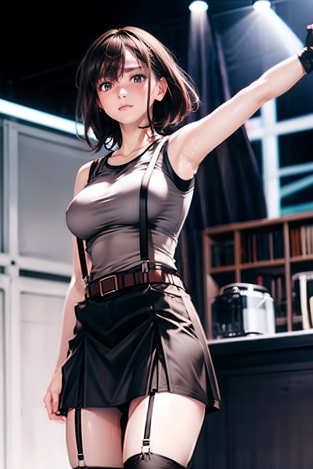 Black skirt, Tank Tops suspenders, Brown hair Gray eyes, Garter belt on the legs, Tight clothes, a belt Armpit sweat deadpan large full breasts short-cut