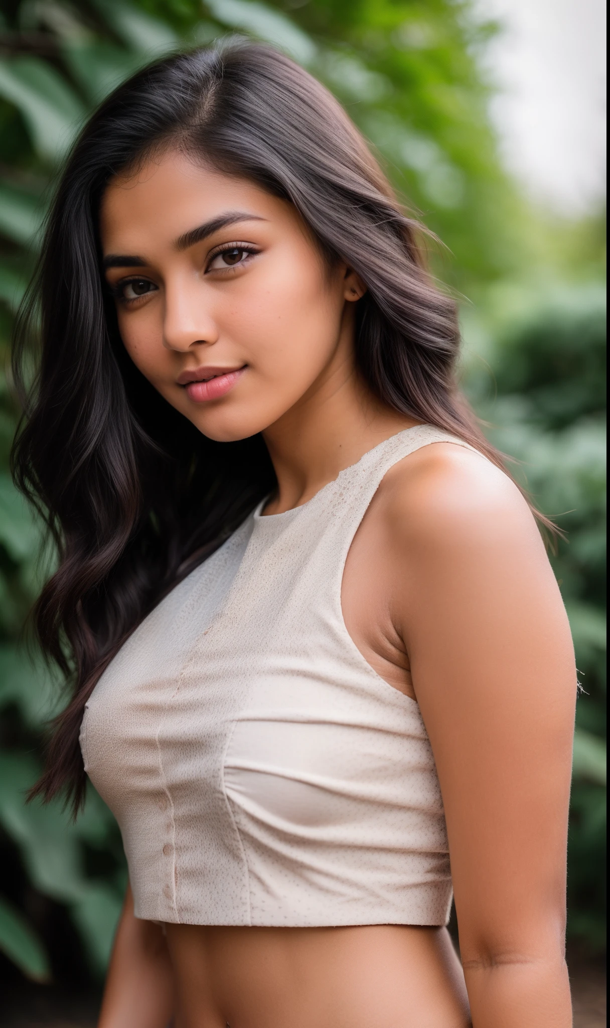 ((RAW, analog style)), face, extremely detailed full body color photo of a 25 y.o girl, beautiful face, beautiful eyes, ((small nose)), big natural lips, ((fabric crop top)), small breasts, slim body, outdoor, trees, ((film grain, skin details, high detailed skin texture, 8k hdr, dslr)), indian female model Amrita Rao