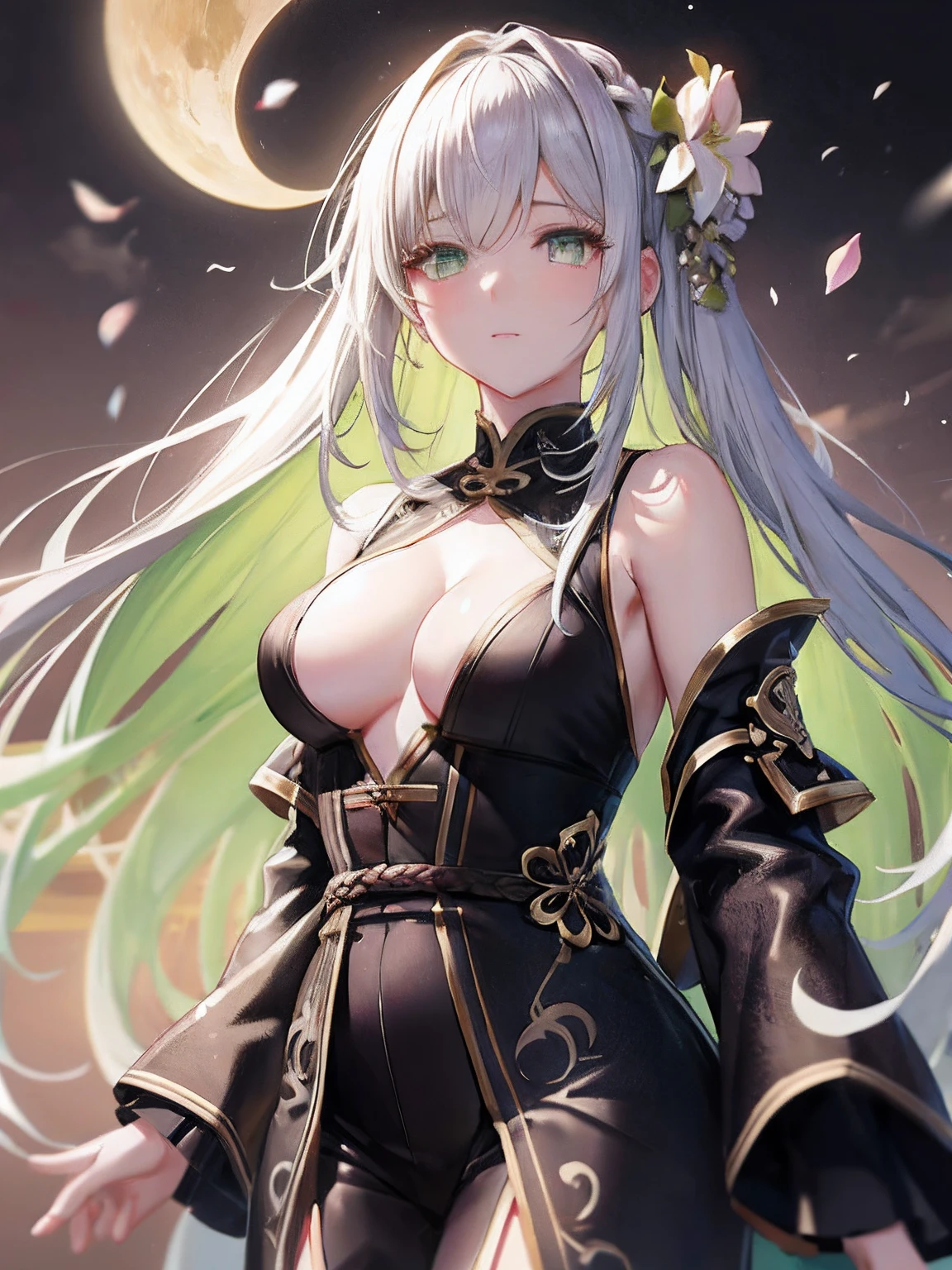 anime girl with long white hair and green eyes in a black outfit, anime goddess, from girls frontline, cute anime waifu in a nice dress, white haired deity, beautiful alluring anime woman, fine details. girls frontline, extremely detailed artgerm, detailed digital anime art, 8k high quality detailed art, seductive anime girl, best anime 4k konachan wallpaper, best quality eyes , amazing quality eyes, no blur eyes