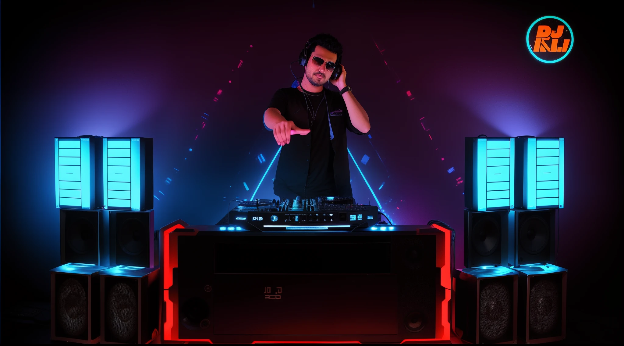 arafed dj mixing music on a large set of speakers, dj at a party, dj, dj set, dj rave party, dj sura, djing with dj turntables, turntablism dj scratching, background artwork, playing techno house music, dj mixer, headphones dj rave, audio equipments, profile picture 1024px, bangalore, in background