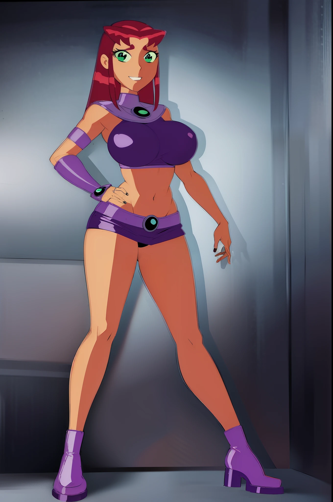 starfire, anime, standing, full body, curvy, smile, big breast,bikini