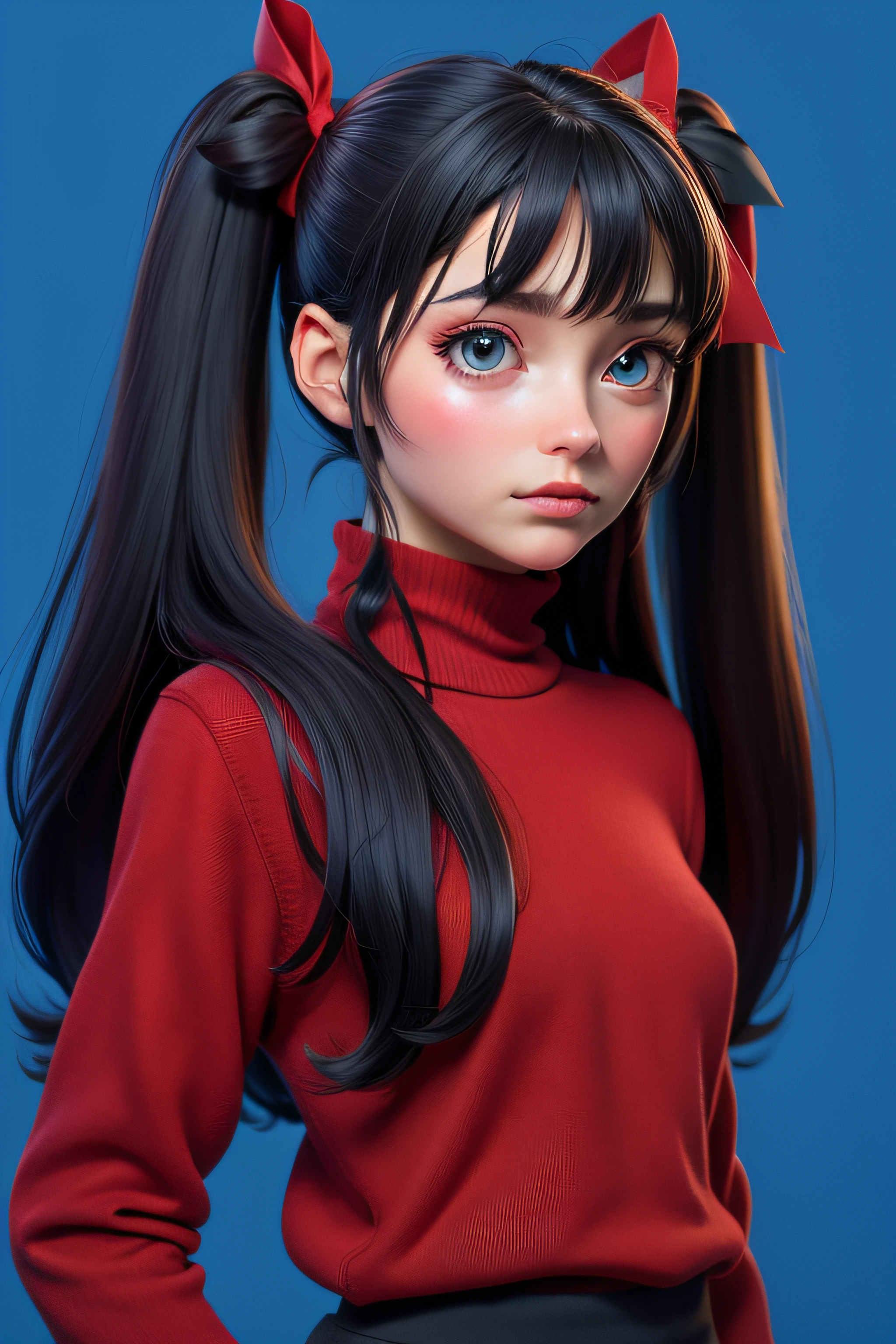 1girl, tohsaka rin, solo, long hair, sweater, red sweater, looking at viewer, blue background, black hair, simple background, two side up, turtleneck, blue eyes, lips, closed mouth, ribbon, hair ribbon, bangs, turtleneck sweater, upper body, parted bangs, black ribbon, ribbed sweater, twintails, nose,