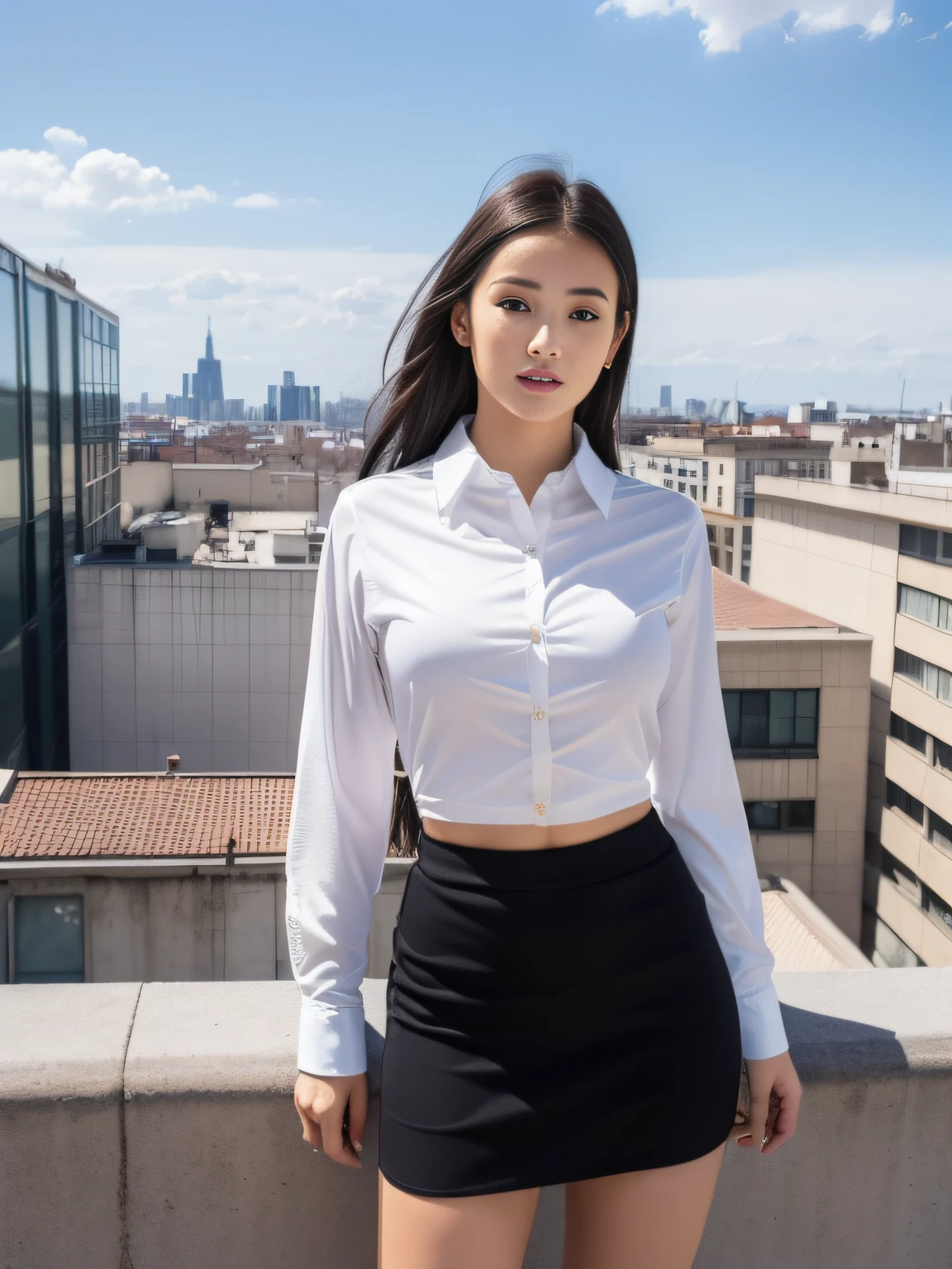 (best qualtiy，8K，tmasterpiece:1.3)，(sharp fokus:1.2)，(A girl stands on the roof of a building:1.2)，(perfect body figure:1.4)，(Slim abs:1.1)，(The shirt:1.4)，(short  skirt:1.2)，with blue sky and white clouds，rays of sunshine，Fine face，beautidful eyes，Straight legs。