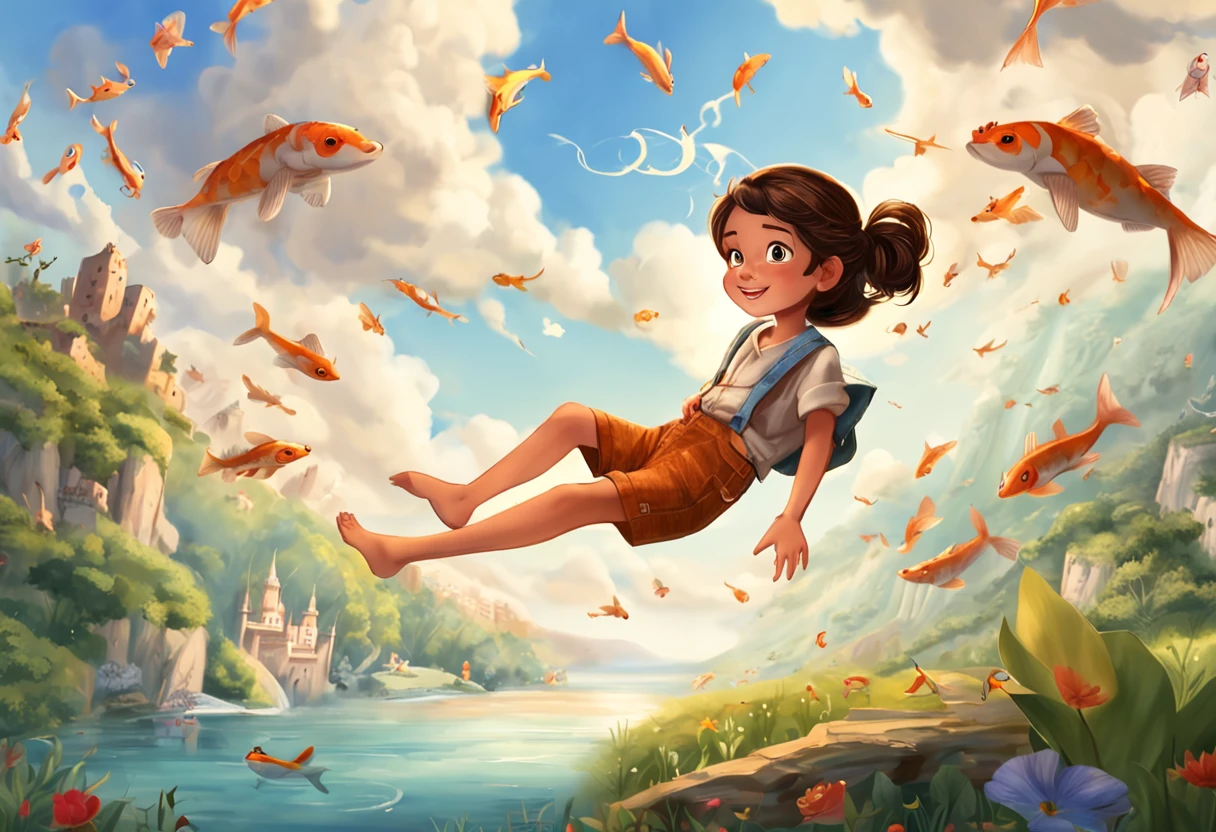 movie picture quality,Disney animation,Disney animated films,Little girl sitting on giant koi flying in the sky,Thick clouds,Short hair and small braids,Denim suspenders,The barefoot,depth of fields,high light,Real light,Ray traching,oc rendered,Hyper-realistic,best qualtiy,8K,Works of masters,super-fine,Detailed pubic hair,Correct anatomy,sharp focus on eyes,Bokeh,Facial features are carefully depicted