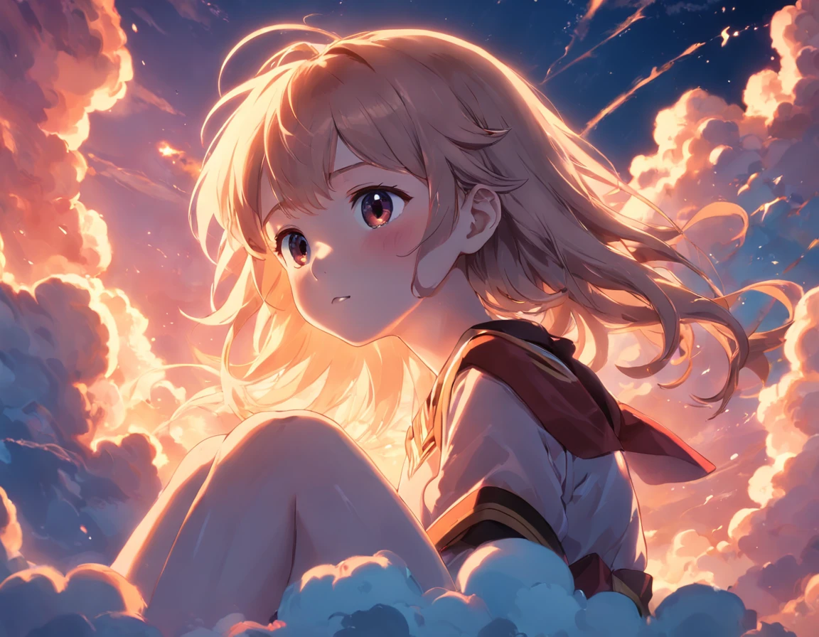 masterpiece, best quality, movie still, 1girl, cloud girl, floating in the sky, close-up, bright, happy, warm soft lighting, sunset, (sparks:0.7)