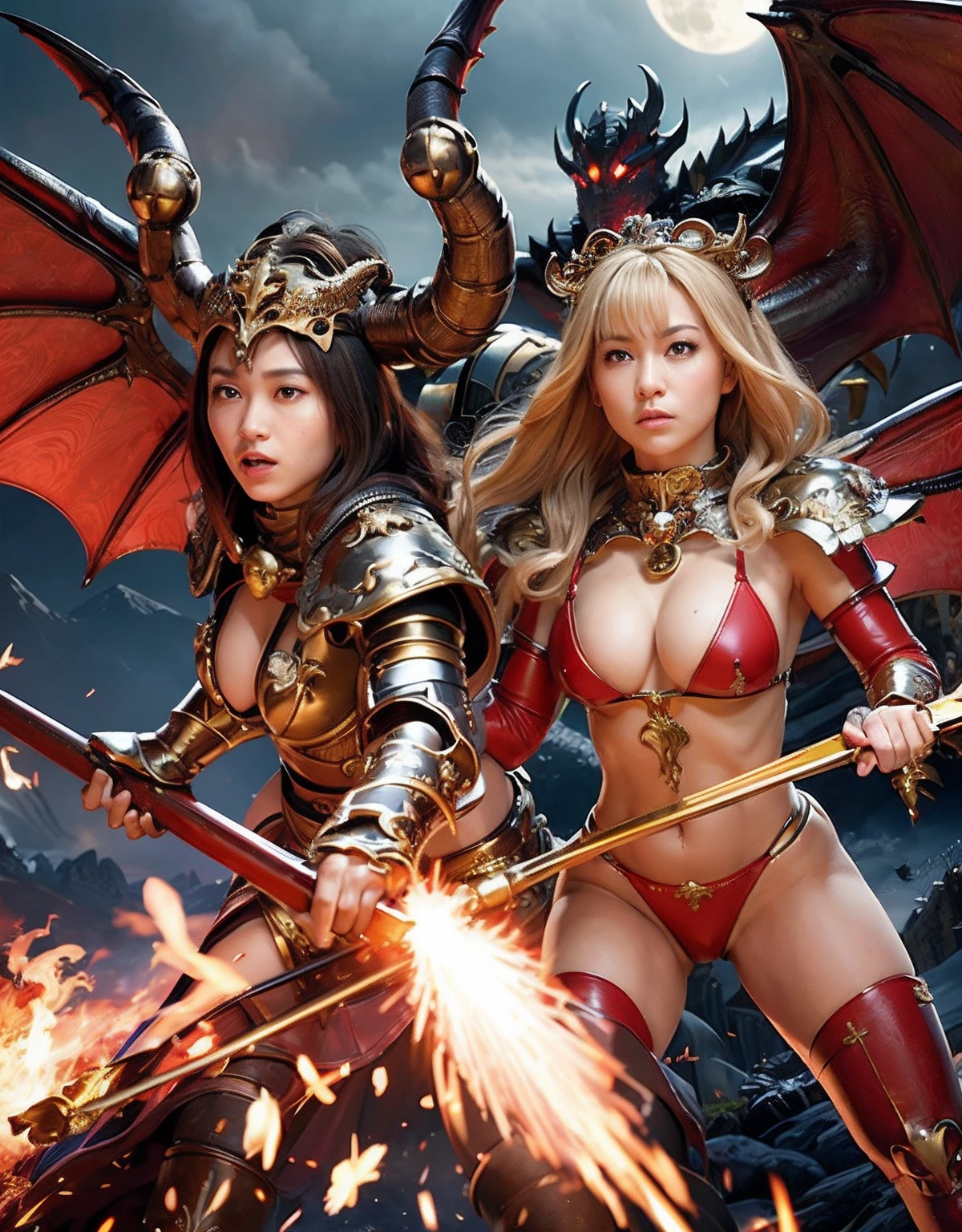 Professional , masterpiece、top-quality、photos realistic , depth of fields 、(Dragon Red Metal Body:1.9),(Enamel Red、(cleavage of the breast)、Dragon Gold Weapon、(Red Micro Bikini Armor:1.4),Gorgeous gold weapons ,(( Dragon's dense and gorgeous sword)) , (demonic wings)、((a blond))、(Castle background)、((Gangle's forest background))、((Fight dragons))、Beautiful Caucasian beauty、1a person、dynamic ungle,(((Detailed and ornate dragon helmet)))、Smaller head、A smile、Castle background、Thin and beautiful female hands、cleavage of the breast、Soldier in iron armor on background、Mystical expression、Light Effects、intense fighting、Wind-effect、magic circles、With the legendary magic wand、Dragon's tail、explosions、Anatomically correct body、