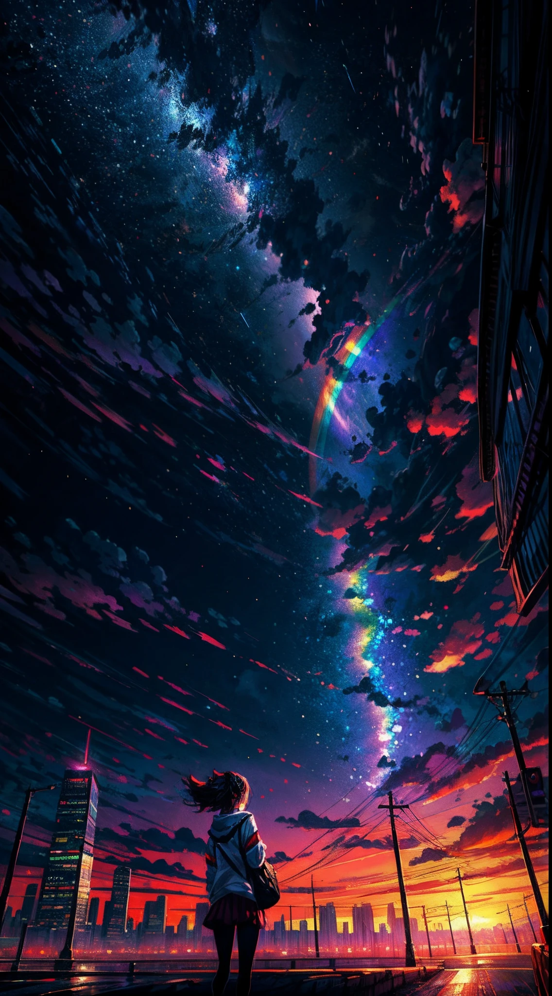 A girl standing on a rooftop looking at the sky with a rainbow in the ...