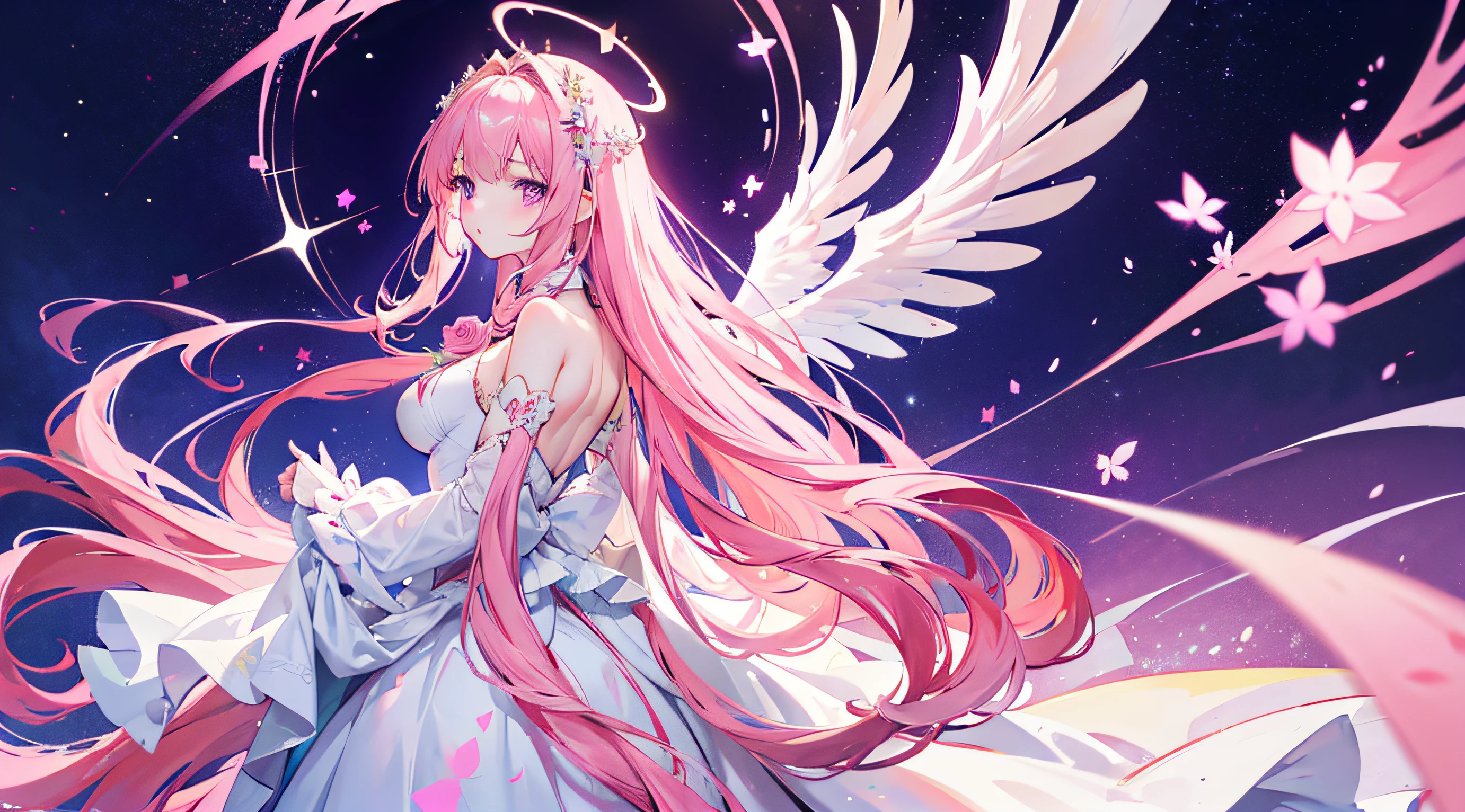 anime girl,long elegant hair that flows down to her feet,pinkish ,purple eyes,a long white ball gown dress with rose designs,a pair of pink angelic wings sprouting from her back,a star shaped halo on her head,a opulent castle background,(masterpiece),best quality,top quality,64k,high detail