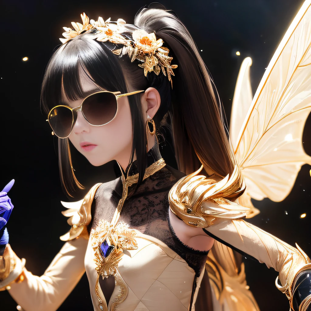 baton，Transparent wings，Magic wand，Wear thick gold-framed reflective sunglasses，32K（tmasterpiece，k hd，hyper HD，32K）Burgundy double ponytail，The Silver Skull Jewelry District in the backstreets，Indigo Skull King ，Skeleton protector （The skeleton is realistic：1.4），Skull pattern robe，Silver skull flower ornaments，Petals flutter，Colored ball head，Hold your head high，Be proud，The nostrils look at people， A high resolution， the detail， RAW photogr， Sharp Re， Nikon D850 Film Stock Photo by Jefferies Lee 4 Kodak Portra 400 Camera F1.6 shots, Rich colors, ultra-realistic vivid textures, Dramatic lighting, Unreal Engine Art Station Trend, cinestir 800，Hold your head high，Be proud，The nostrils look at people，Tsundere，Petals flutter，Petals flutter，Sprinkle with gold dust，Fluttering，Impeccable，( reasonable design, Clear lines, High sharpness,Best quality, Very detailed skeleton, The skeleton of a masterpiece, offcial art, movie light effect, 4K skeleton（（（Wear thick gold-framed reflective sunglasses）））Transparent wings，（baton）（Baton in hand）（Giant stick）baton，