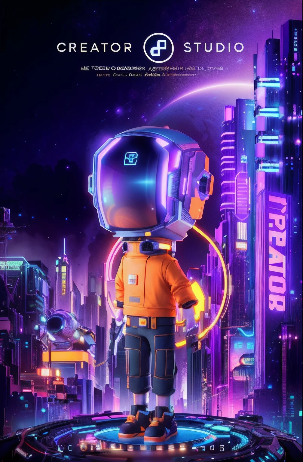 Poster for the Movie Creator Studio, Astronaut Cyberpunk Electric, 3 d render beeple, style hybrid mix of beeple, in the style of beeple, Beeple and Jeremiah Ketner, inspired by Mike "beeple" Winkelmann, metaverse concept art, arstation and beeple highly, inspired by Beeple
